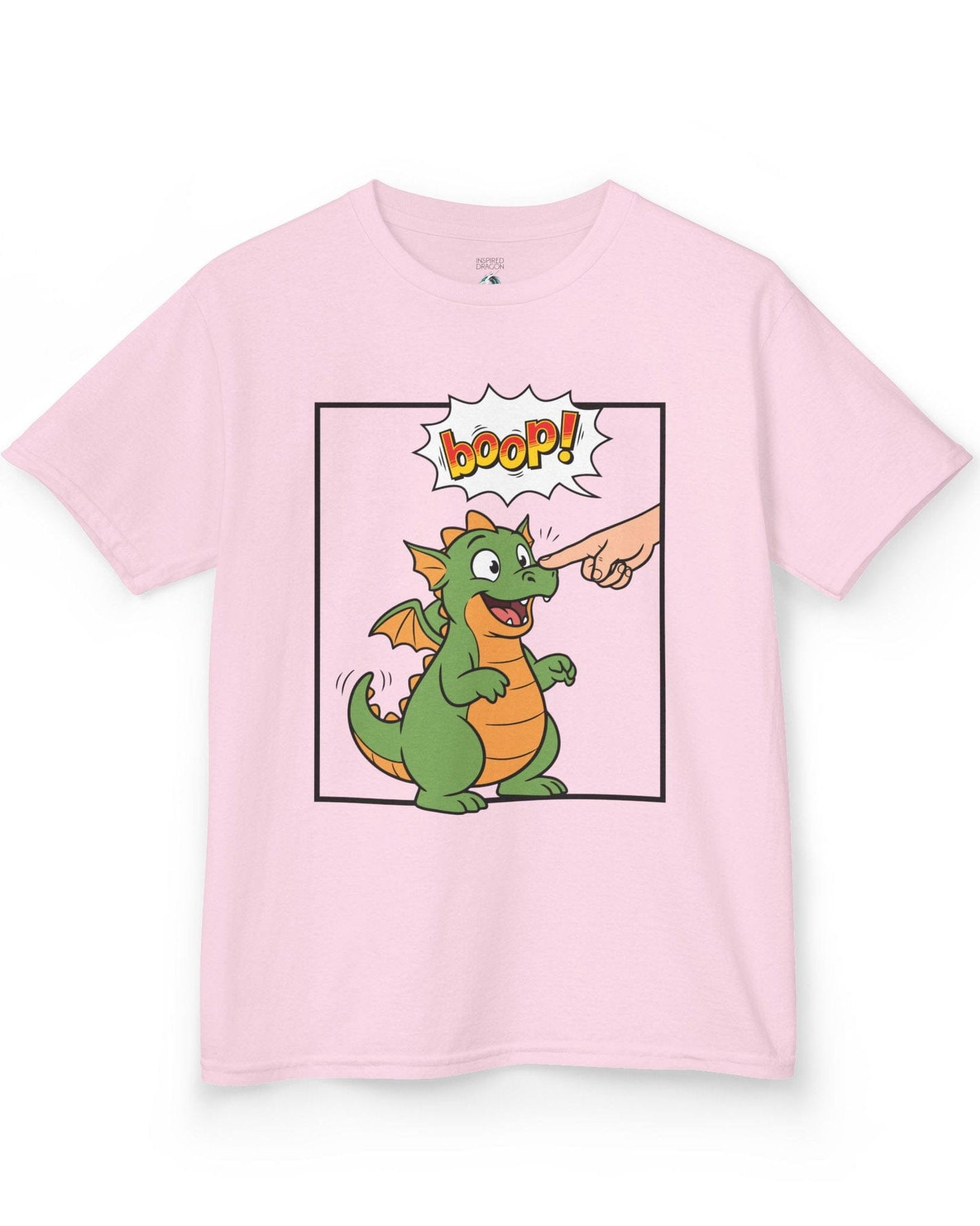 Boop! Comic shirt in light pink featuring a cute baby dragon getting booped with a playful comic-style speech bubble