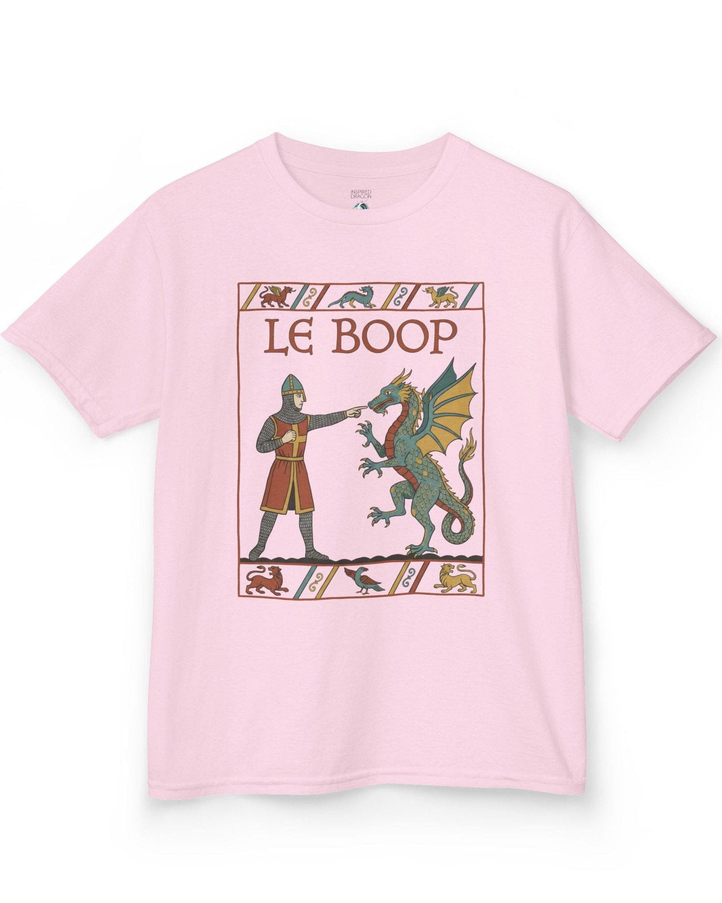 Le Boop shirt in light pink featuring a medieval knight playfully booping a dragon in vintage tapestry style