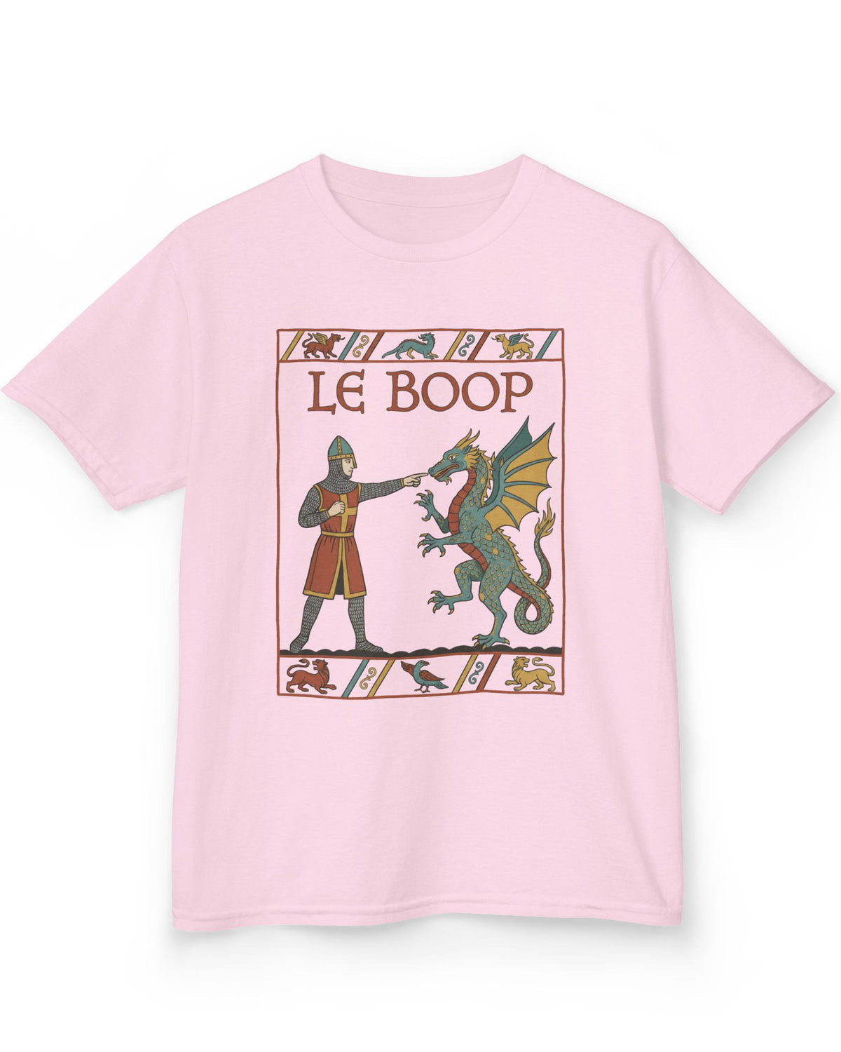 Le Boop shirt in light pink featuring a medieval knight playfully booping a dragon in vintage tapestry style