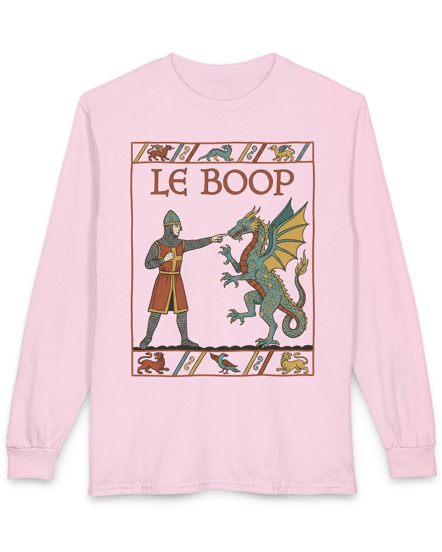 Le Boop shirt in light pink featuring a medieval knight playfully booping a dragon in vintage tapestry style