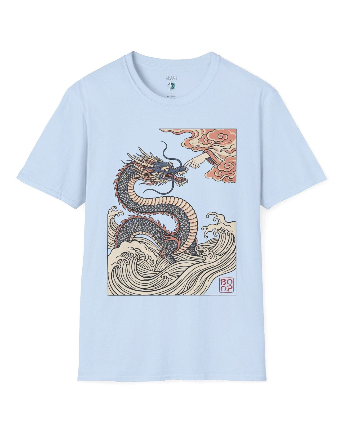 Ukiyo-e Boop shirt in light blue featuring a dragon rising from waves as a hand reaches from the clouds to boop its nose
