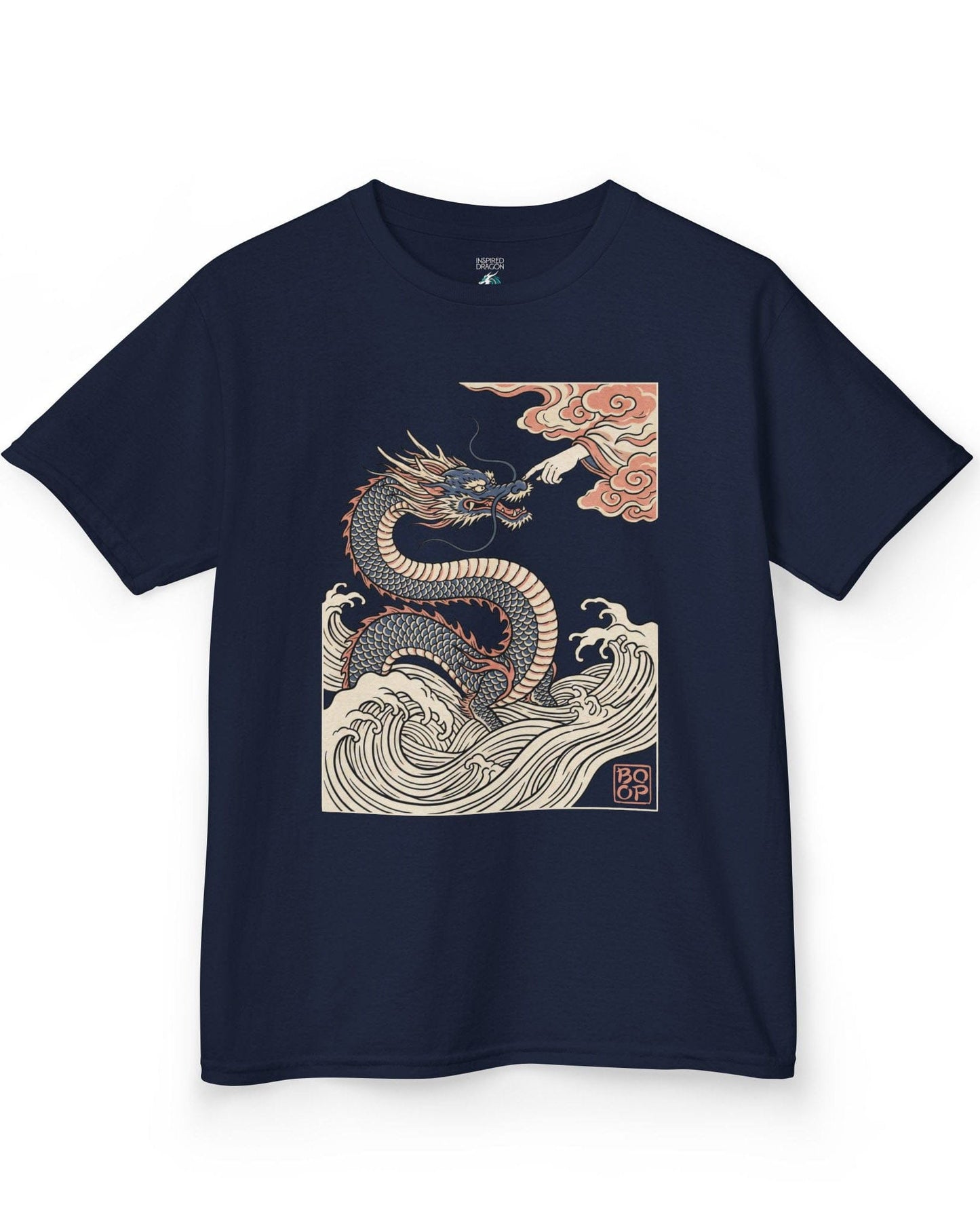 Ukiyo-e Boop shirt in navy featuring a dragon rising from waves as a hand reaches from the clouds to boop its nose