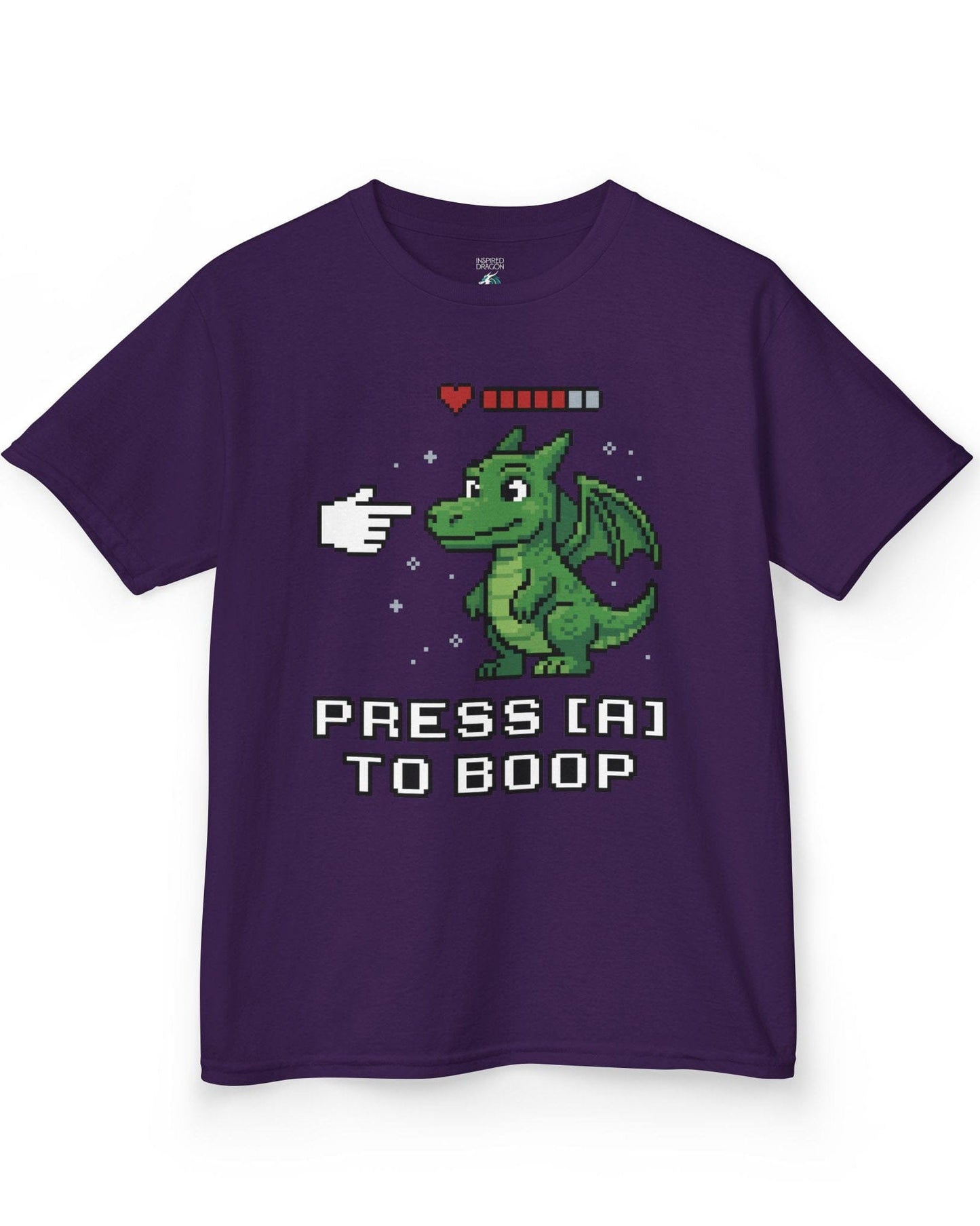 Press A to Boop shirt in purple featuring a green pixel dragon with a health bar and retro game-style boop prompt