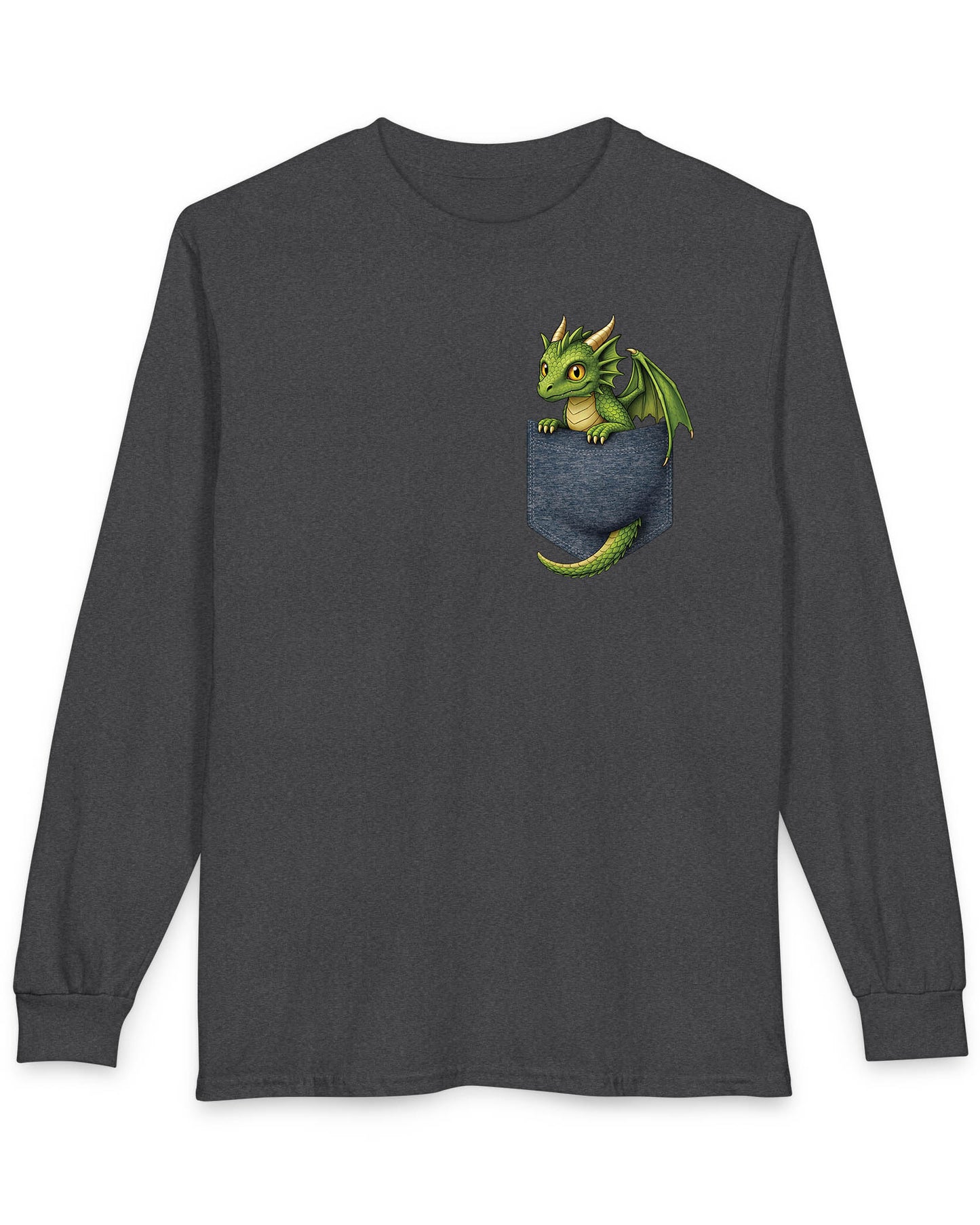 Green Pocket Dragon shirt in dark heather featuring a small green dragon peeking out of a faux pocket