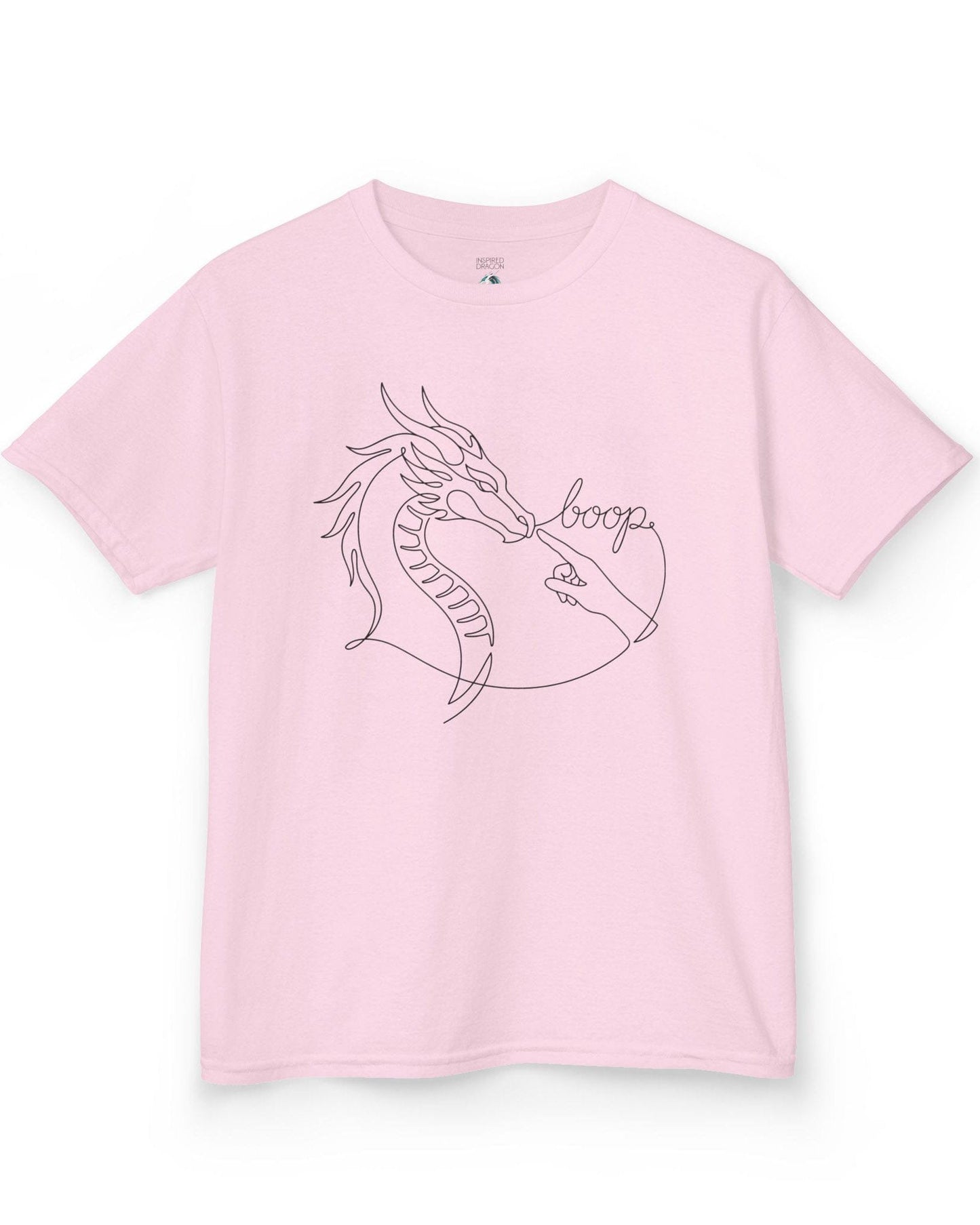 Line Art Boop shirt in light pink featuring minimalist white line art of a dragon being booped on the nose by a hand