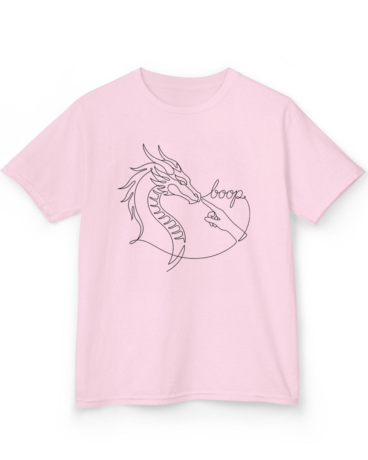 Line Art Boop shirt in light pink featuring minimalist white line art of a dragon being booped on the nose by a hand