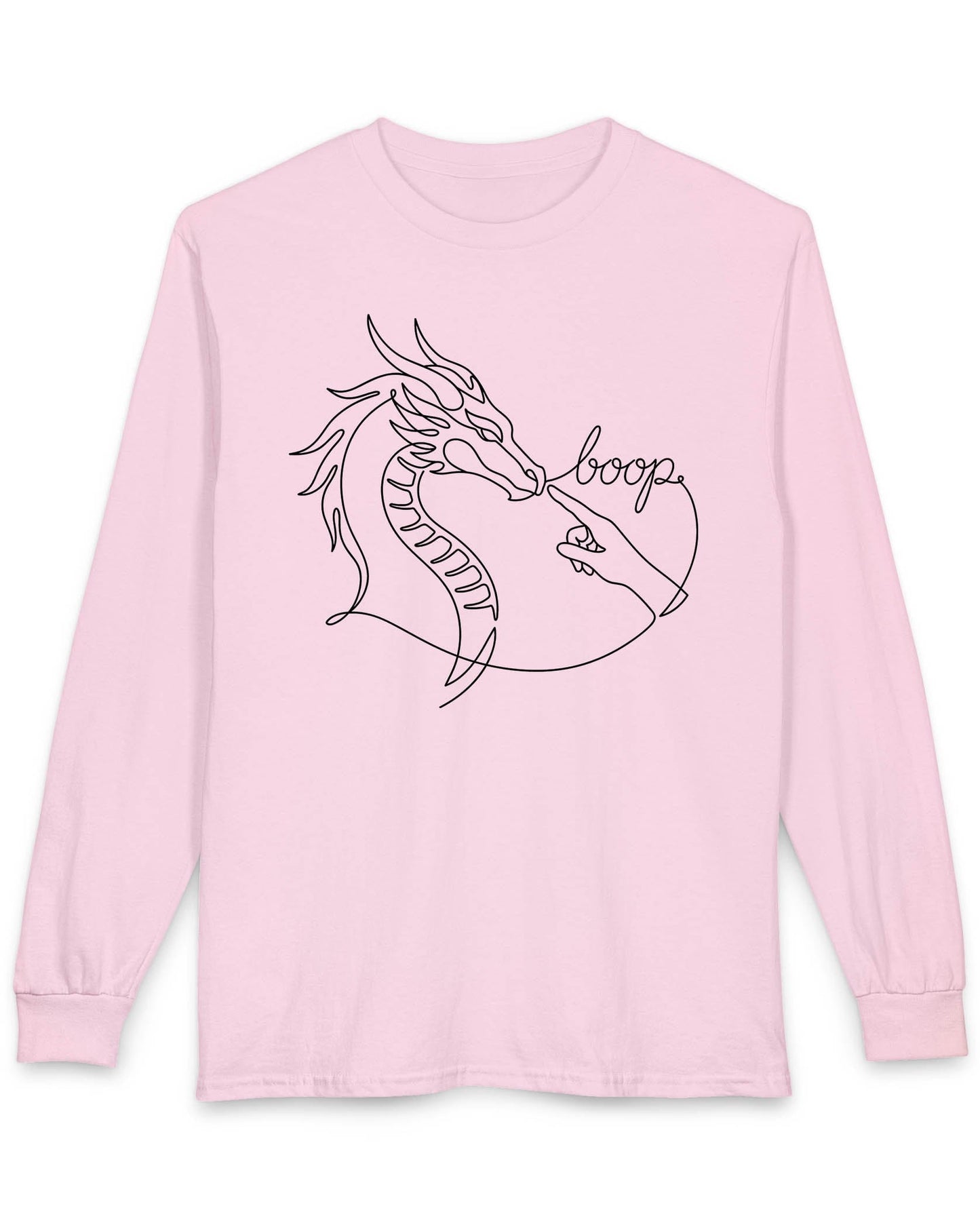 Line Art Boop shirt in light pink featuring minimalist white line art of a dragon being booped on the nose by a hand