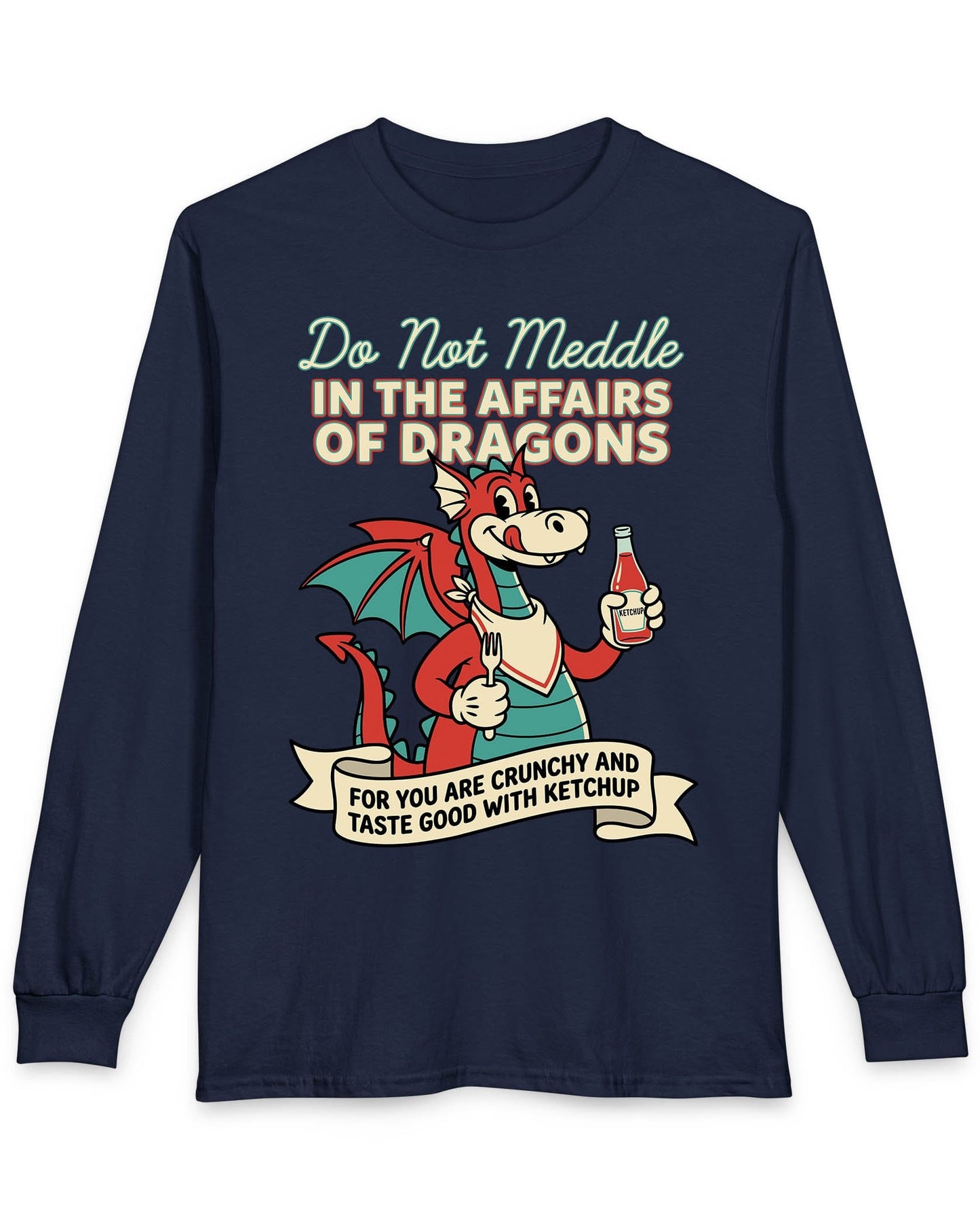 Do Not Meddle Classic Diner shirt in navy featuring a cheerful dragon with ketchup and fork with a warning phrase