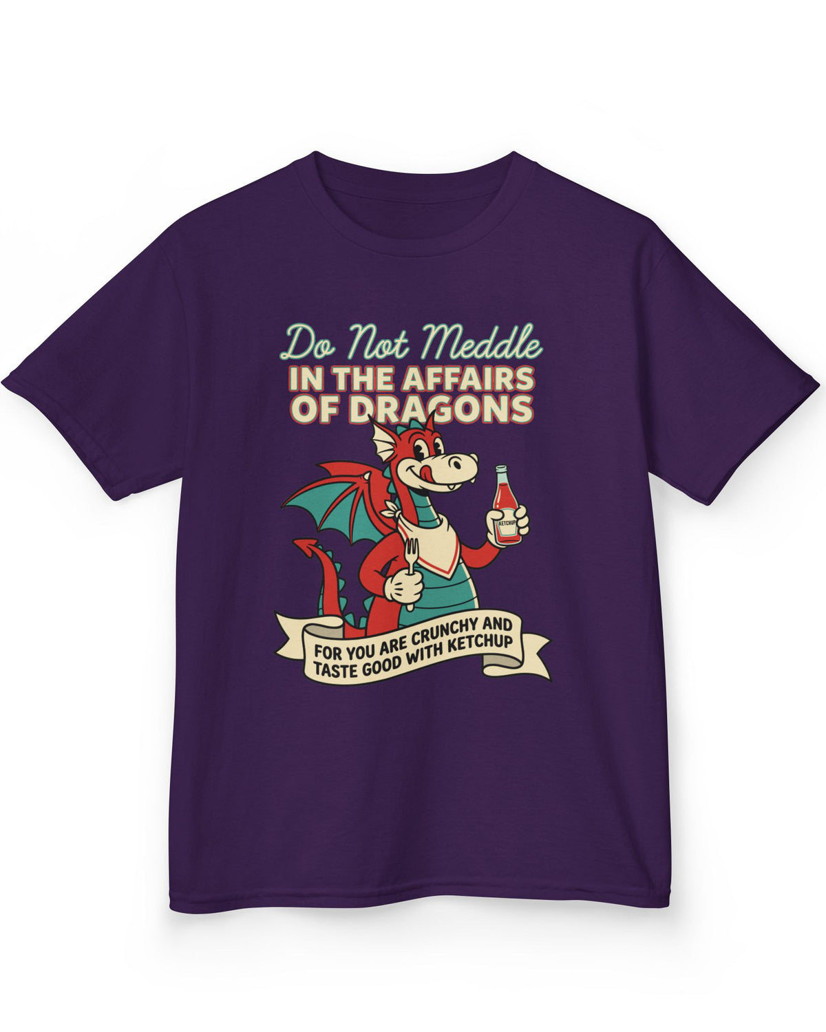 Do Not Meddle Classic Diner shirt in purple featuring a cheerful dragon with ketchup and fork with a warning phrase