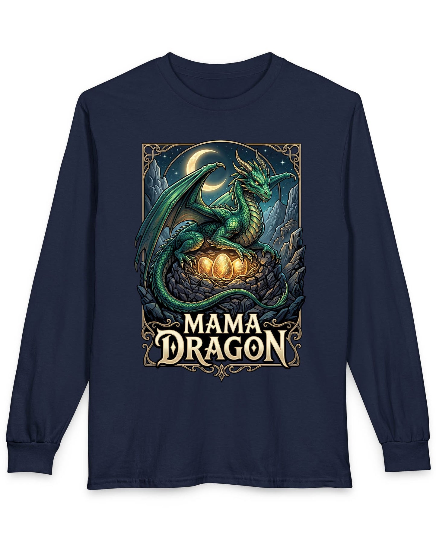 Mama Dragon shirt in navy featuring a green dragon guarding glowing eggs beneath a crescent moon in fantasy style