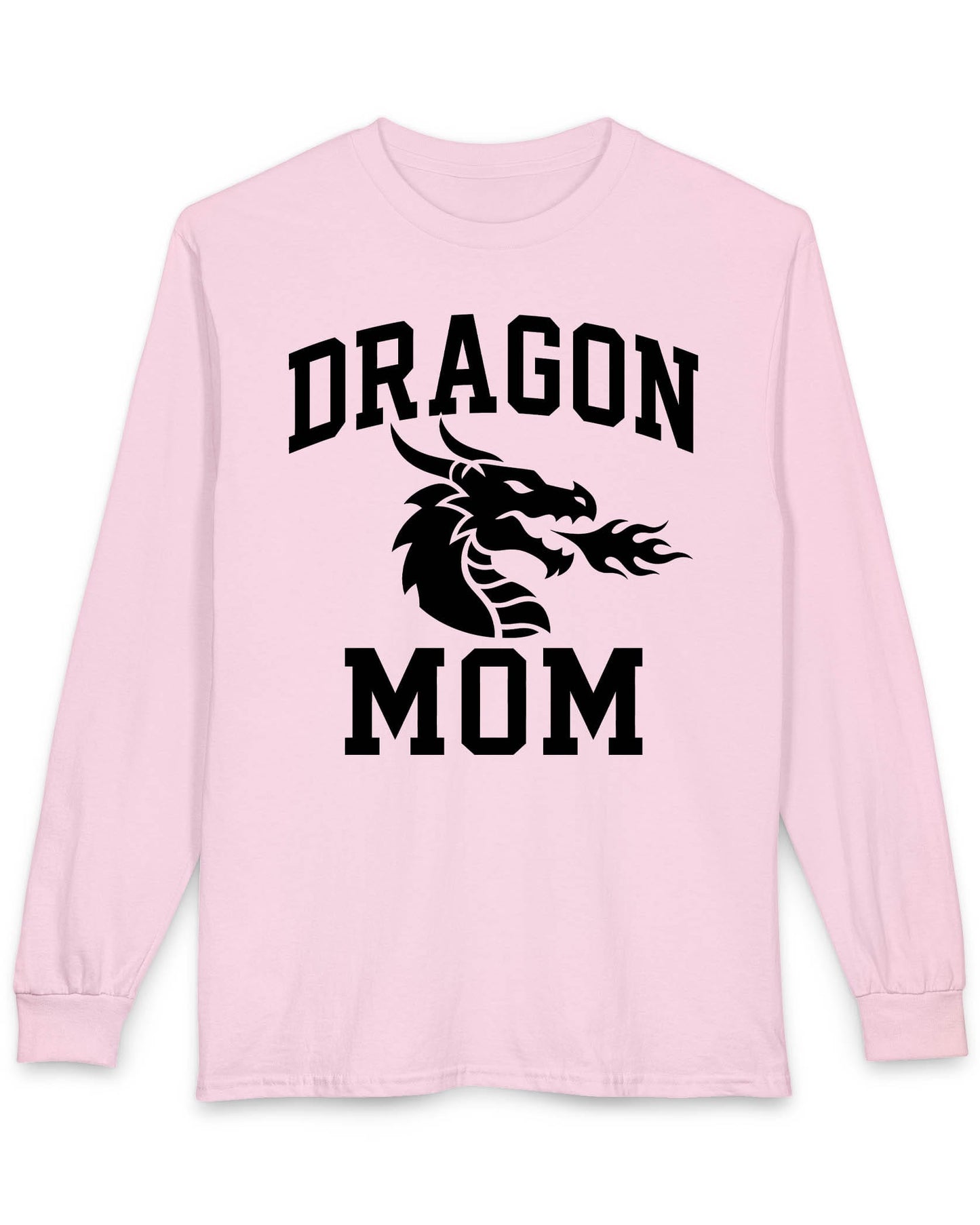 Dragon Mom shirt in light pink with bold collegiate lettering and a minimalist dragon breathing fire emblem