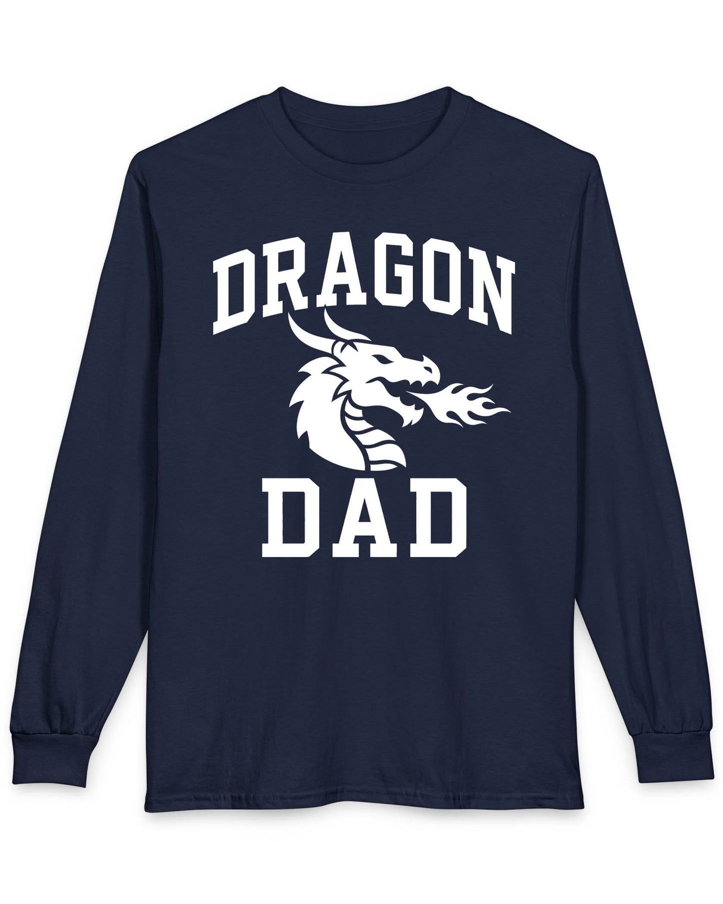 Dragon Dad shirt in navy with bold collegiate lettering and a minimalist dragon breathing fire emblem