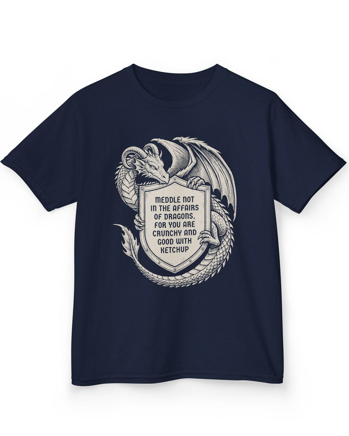 Meddle Not Shield shirt in navy featuring vintage etched dragon art holding a crest with classic fantasy humor