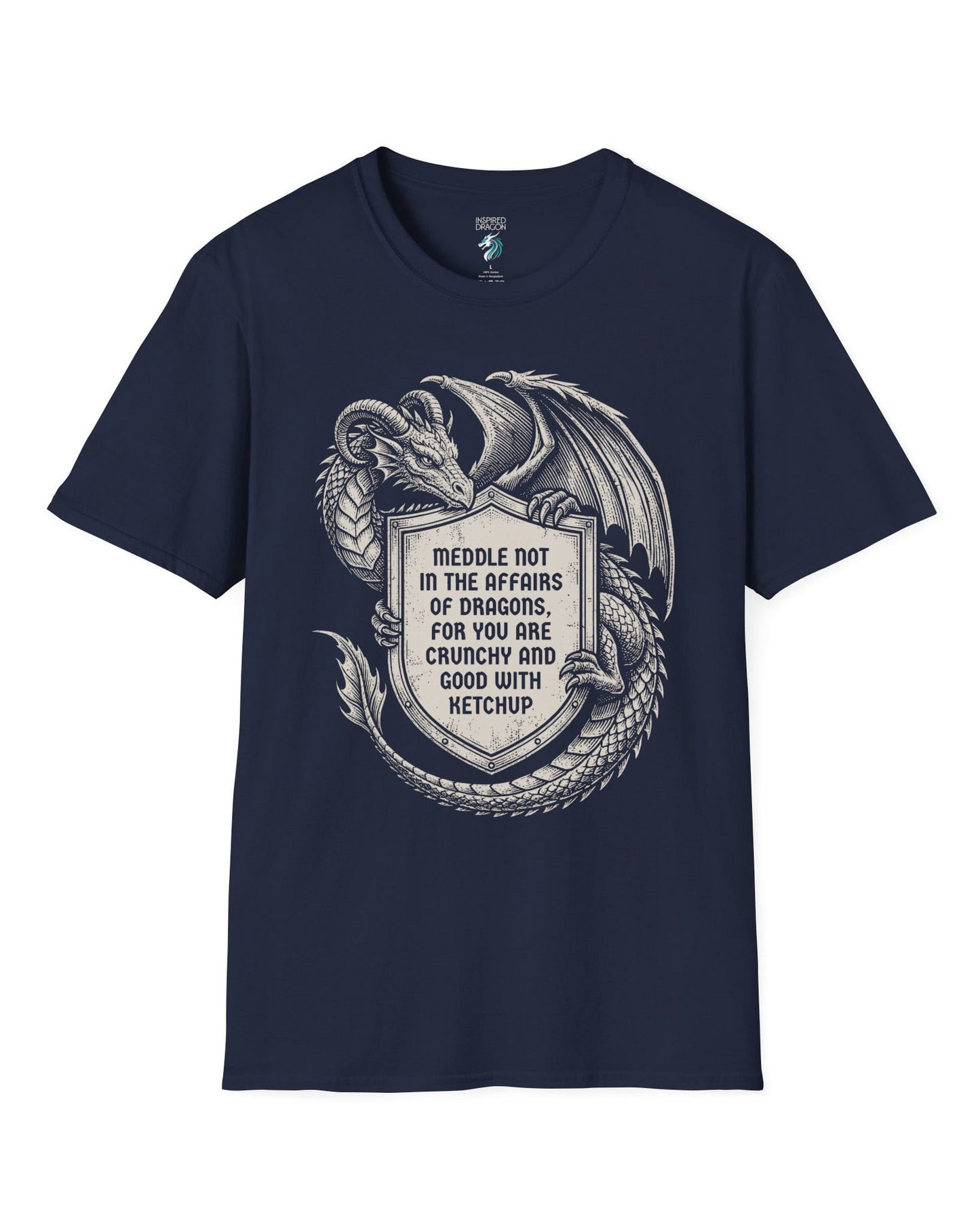 Meddle Not Shield shirt in navy featuring vintage etched dragon art holding a crest with classic fantasy humor