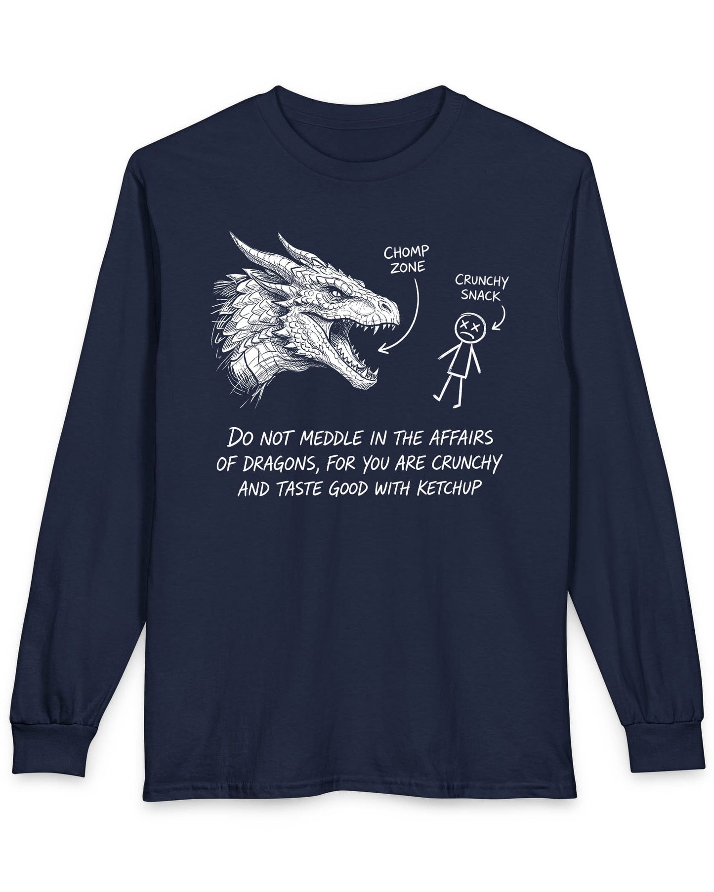 Do Not Meddle Sketch tee in navy with hand-drawn dragon, funny stick figure, and a crunchy warning punchline