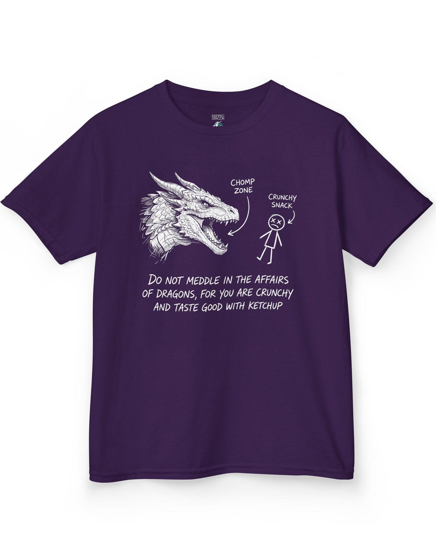 Do Not Meddle Sketch tee in purple with hand-drawn dragon, funny stick figure, and a crunchy warning punchline