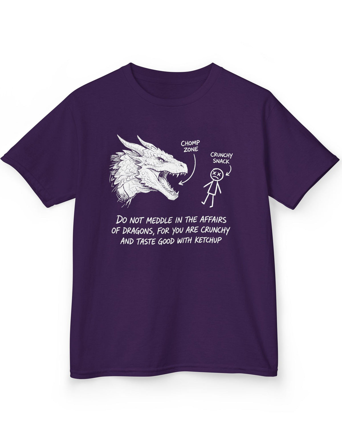 Do Not Meddle Sketch tee in purple with hand-drawn dragon, funny stick figure, and a crunchy warning punchline