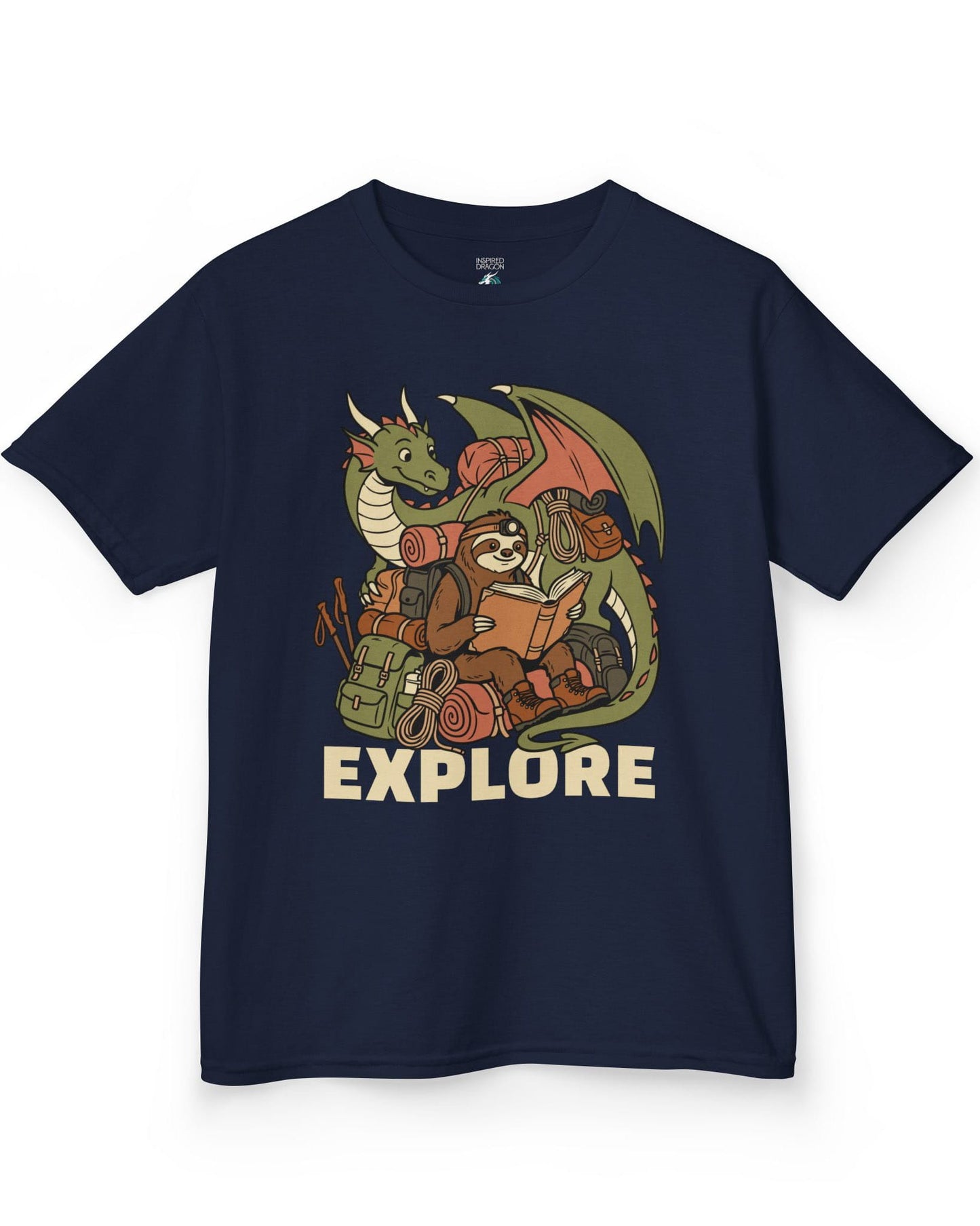 Explore shirt in navy with a book-loving sloth and cheerful green dragon packed for adventure