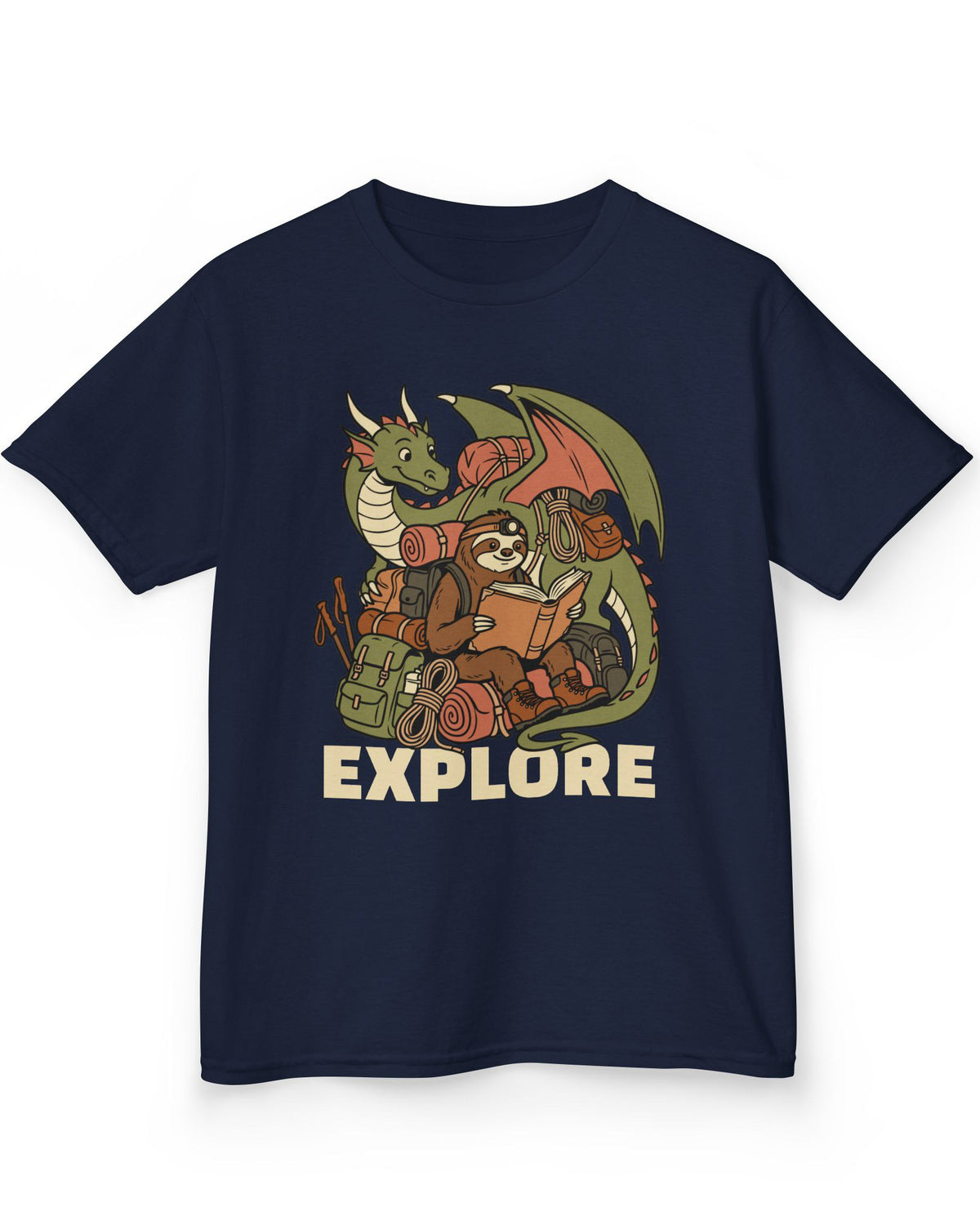Explore shirt in navy with a book-loving sloth and cheerful green dragon packed for adventure
