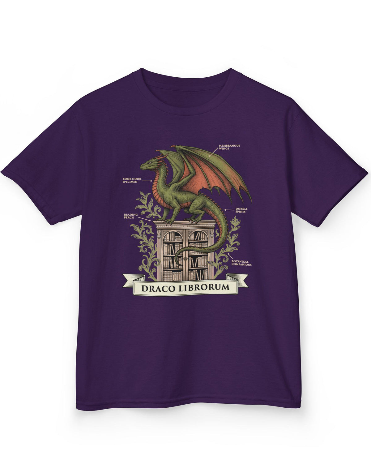 Draco Librorum shirt in purple featuring a scholarly dragon perched atop a grand library in vintage naturalist style