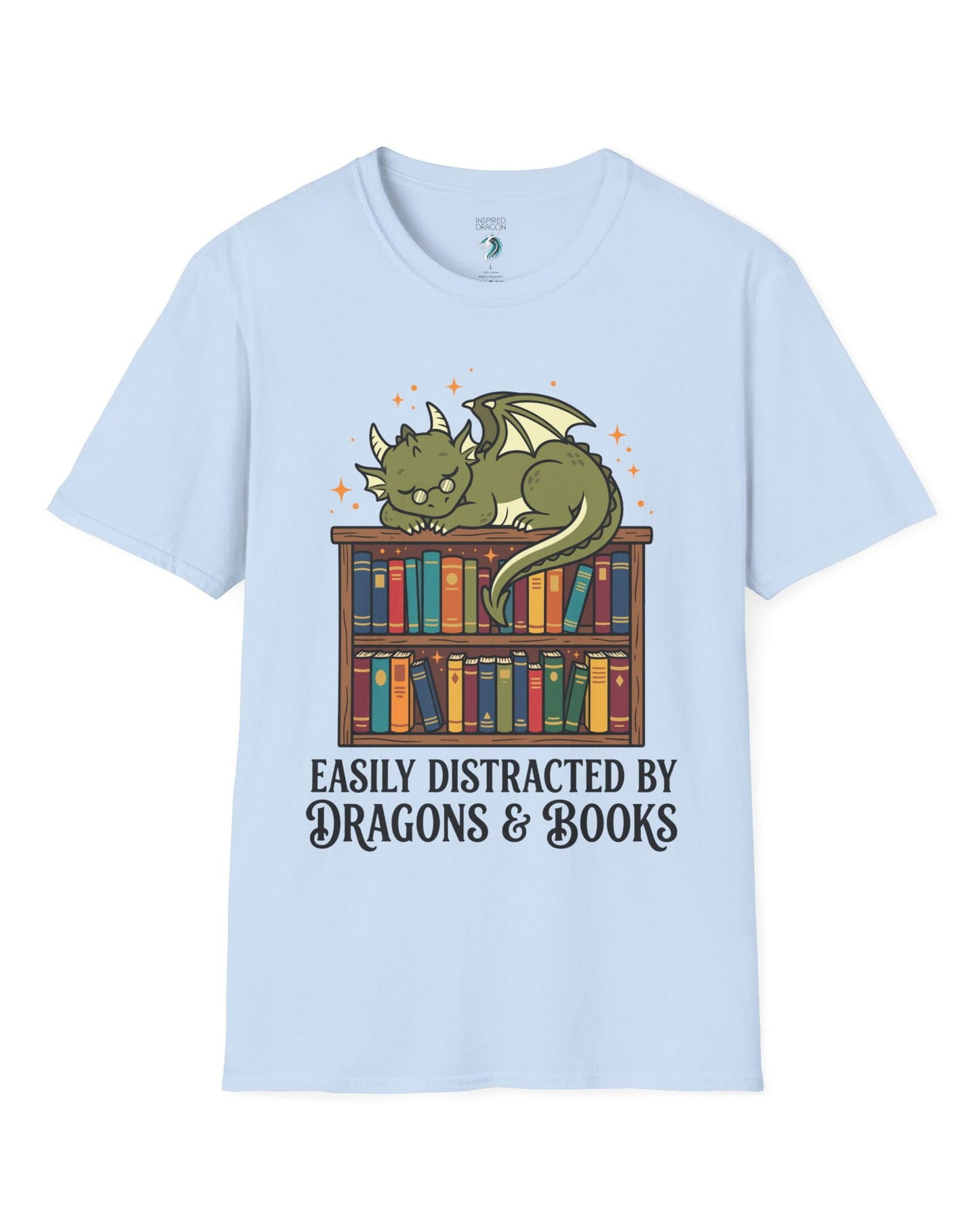 Easily Distracted by Dragons & Books shirt in light blue with a sleepy bookworm dragon lounging on a colorful bookshelf