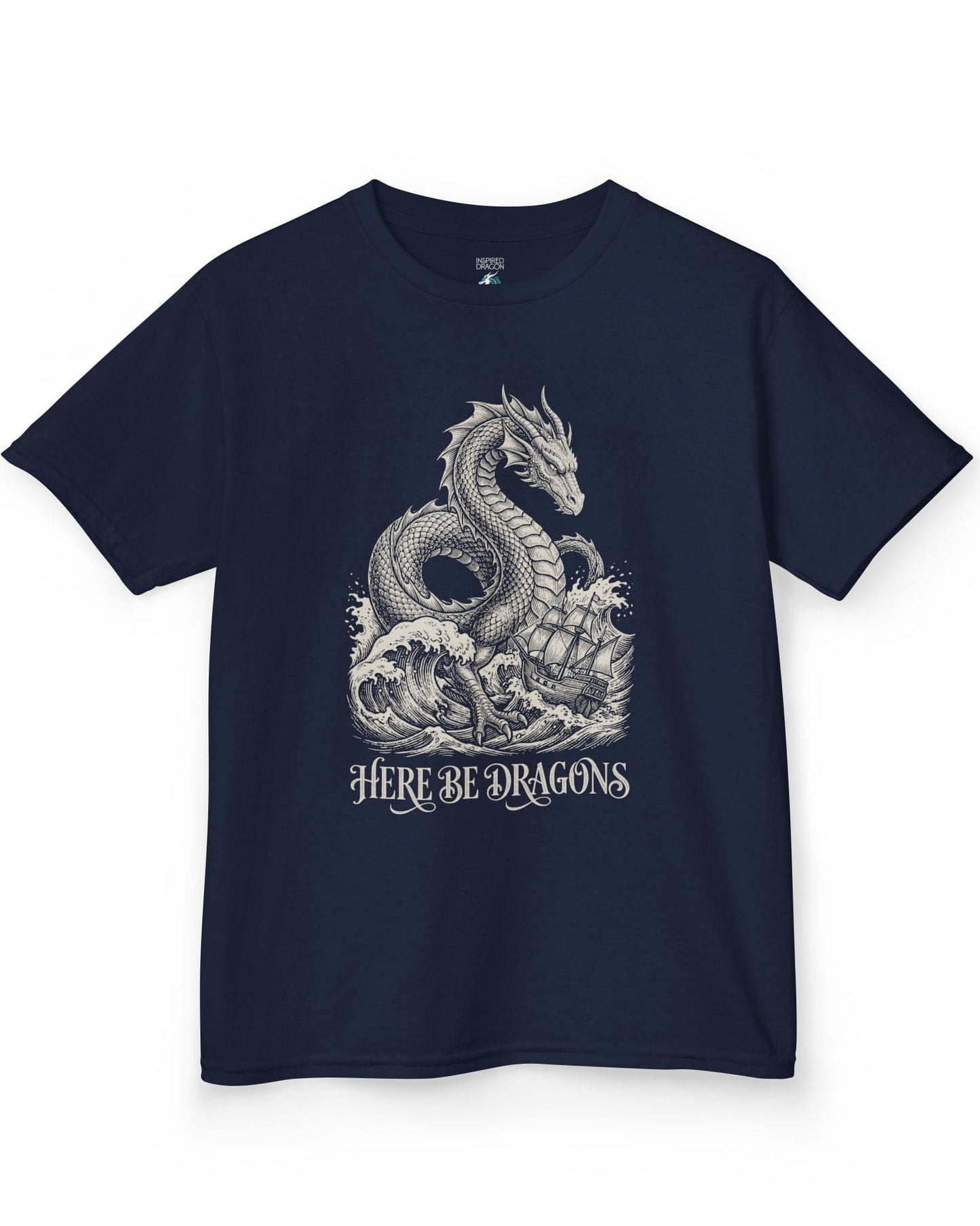 Here Be Dragons shirt in navy with a vintage sea serpent towering over stormy waves and a doomed sailing ship