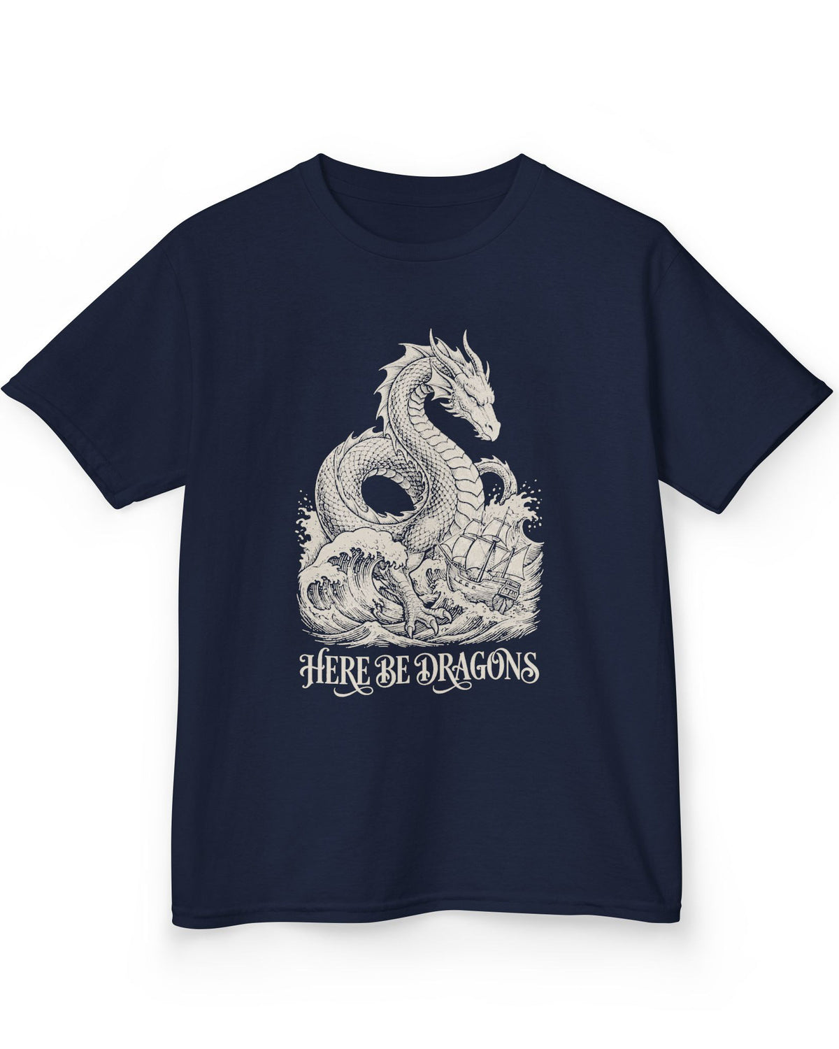 Here Be Dragons shirt in navy with a vintage sea serpent towering over stormy waves and a doomed sailing ship