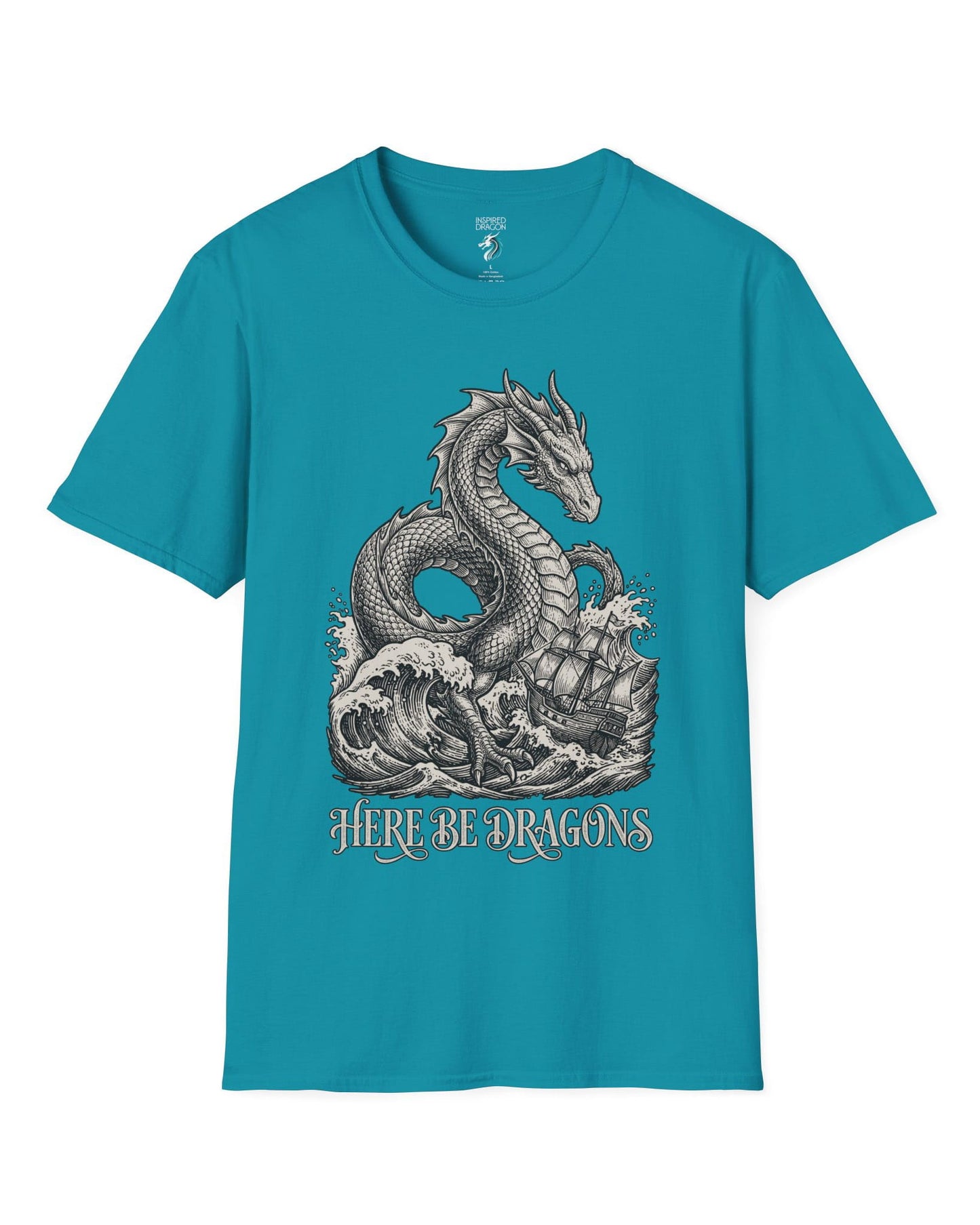 Here Be Dragons shirt in tropical blue with a vintage sea serpent towering over stormy waves and a doomed sailing ship