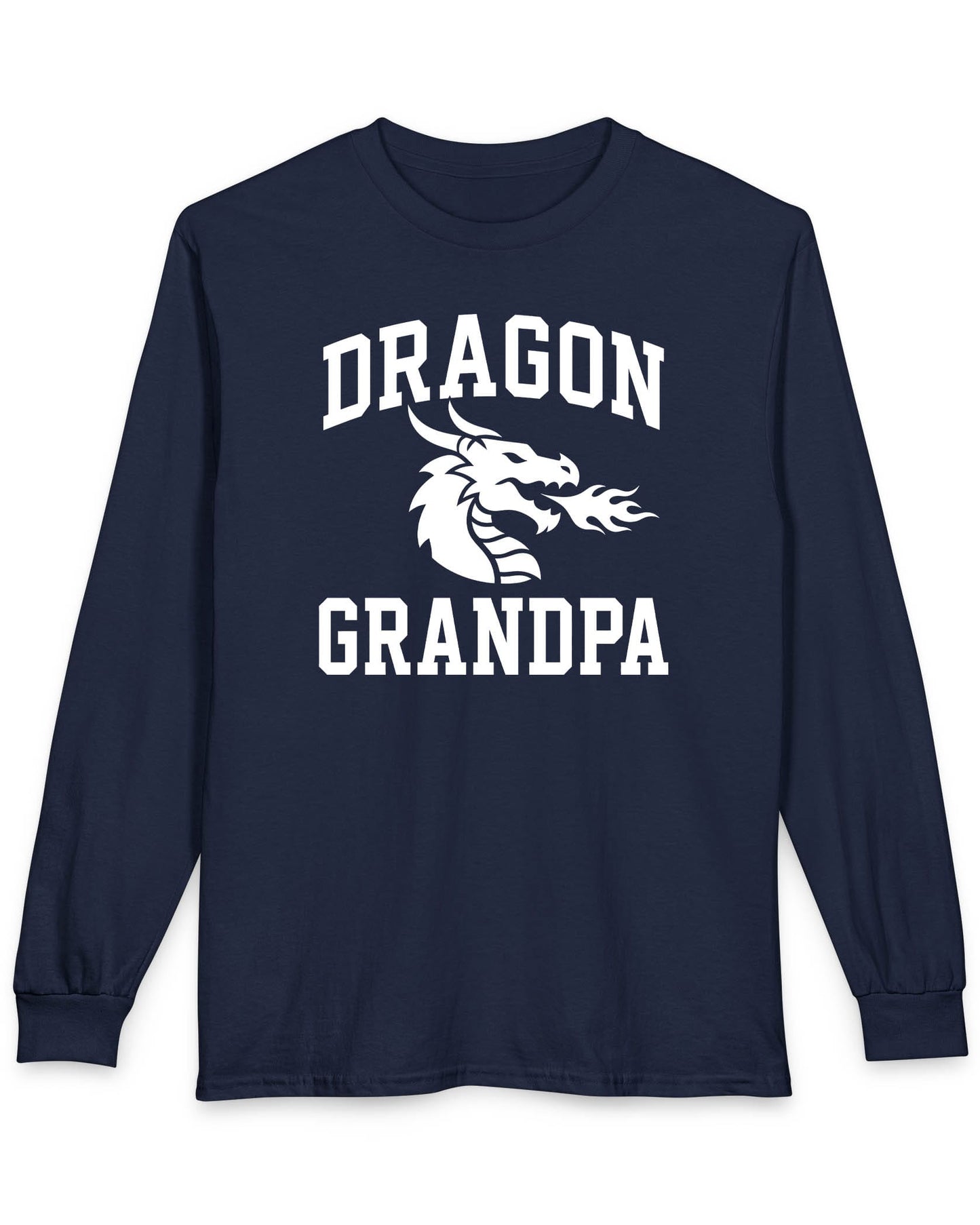 Dragon Grandpa shirt in navy with bold collegiate lettering and a minimalist dragon breathing fire emblem
