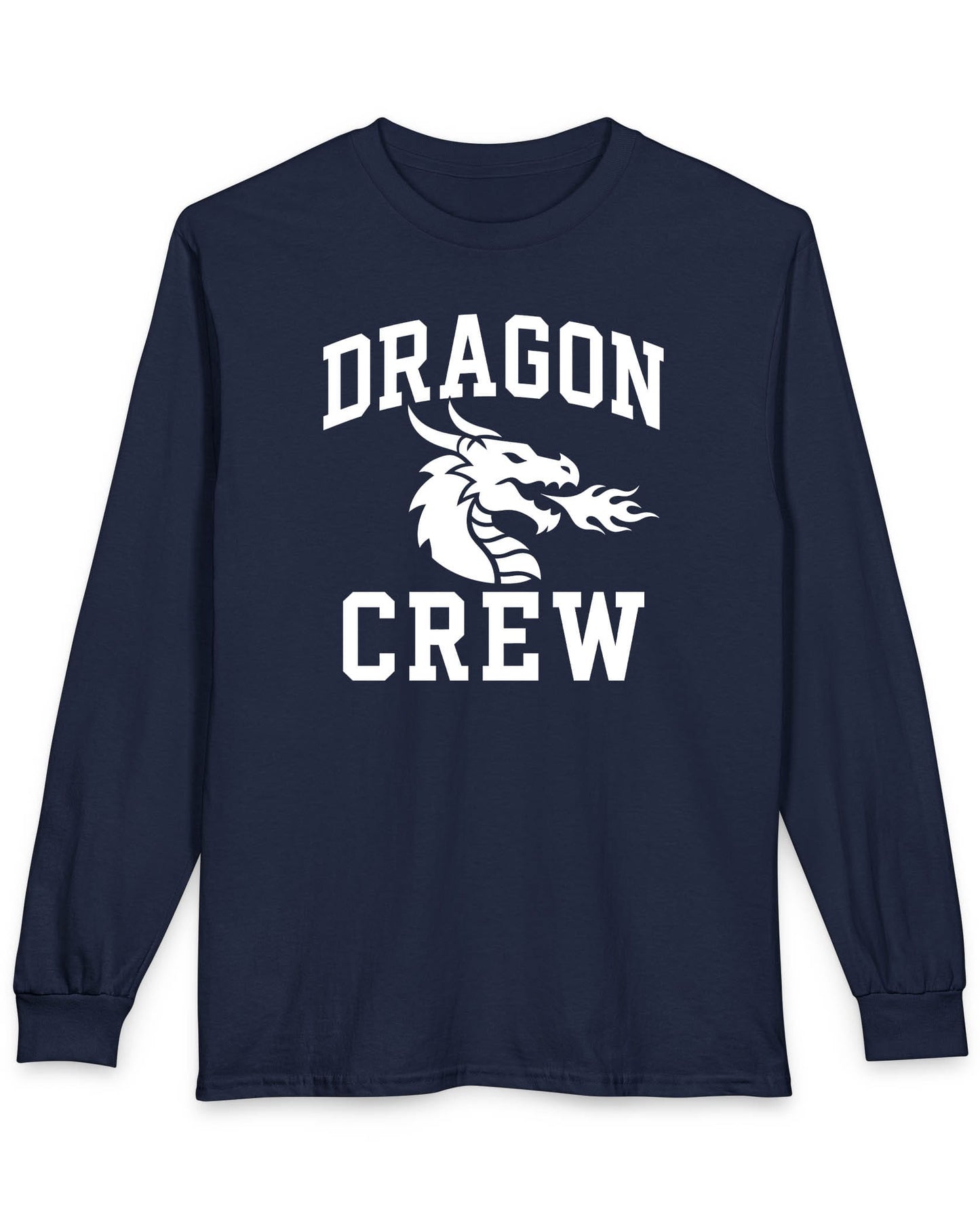 Dragon Crew shirt in navy with bold collegiate lettering and a minimalist dragon breathing fire emblem