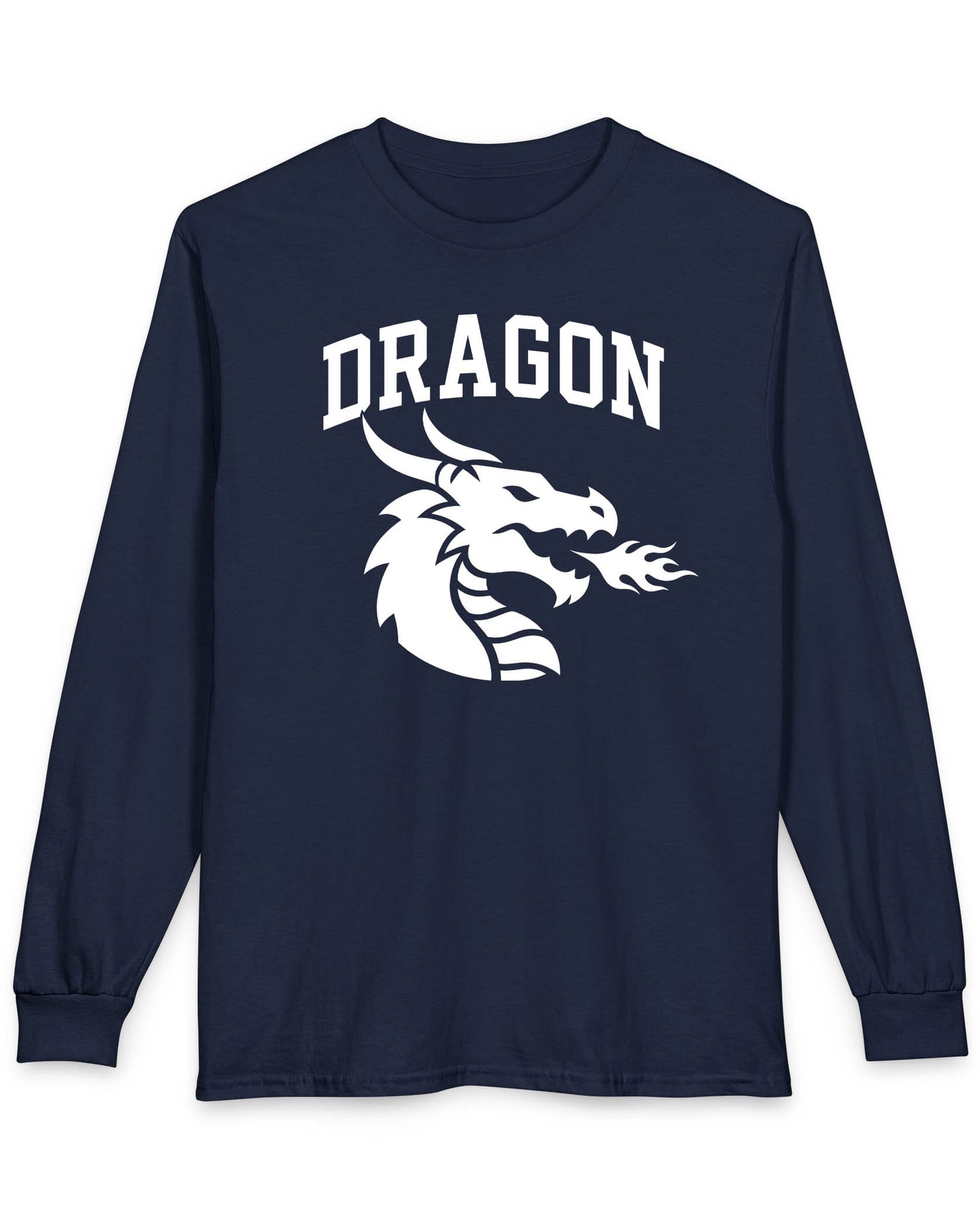 Dragon Emblem shirt in navy with bold collegiate lettering and a minimalist dragon breathing fire emblem