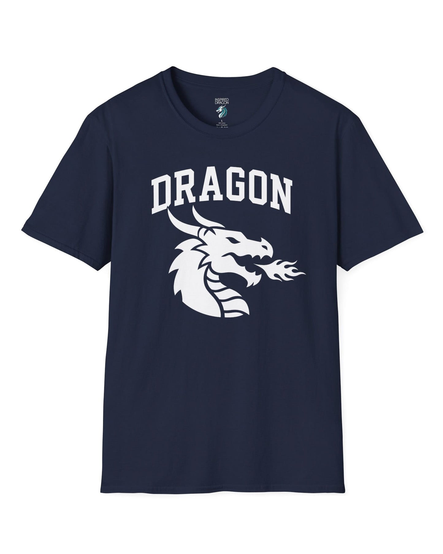 Dragon Emblem shirt in navy with bold collegiate lettering and a minimalist dragon breathing fire emblem