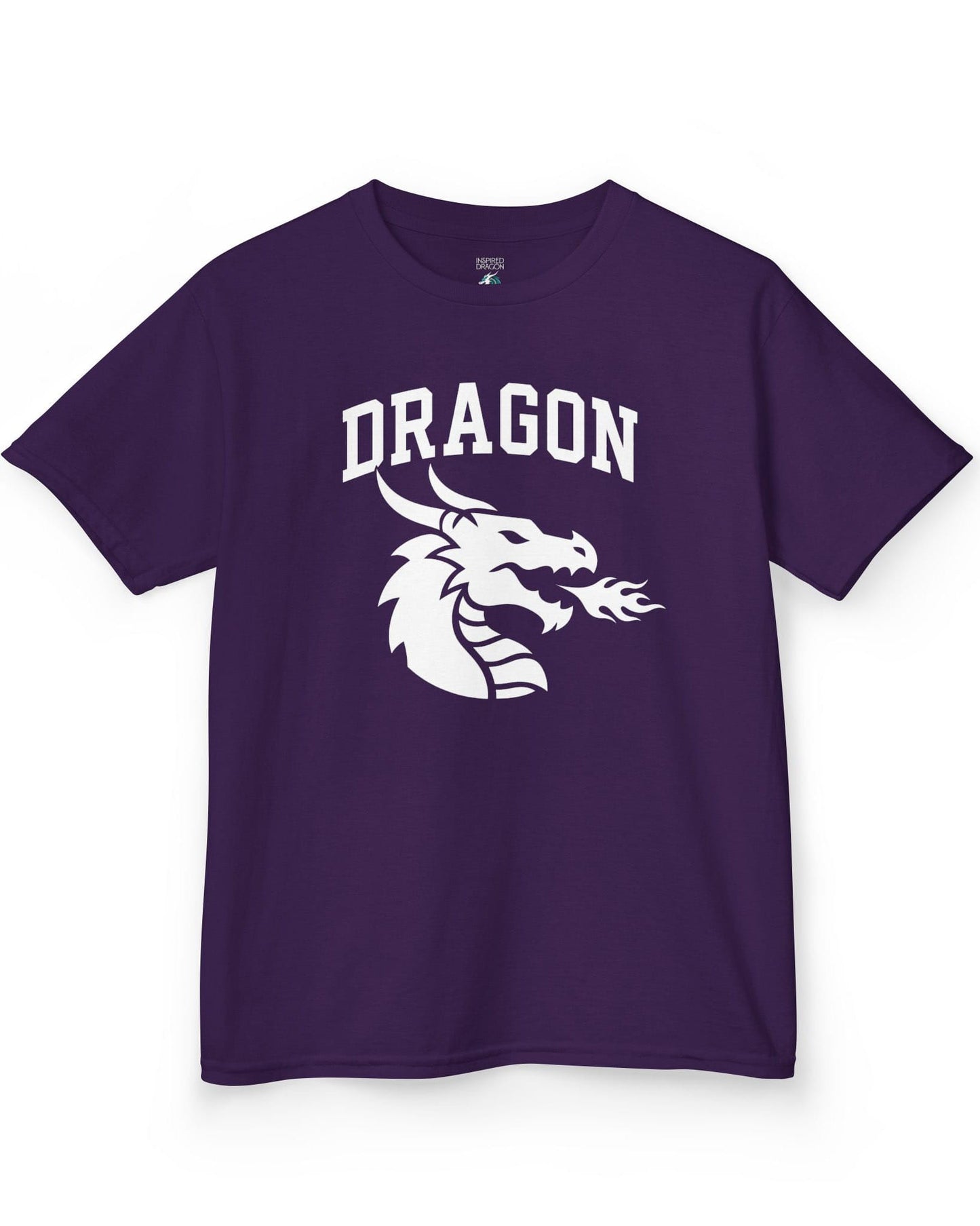 Dragon Emblem shirt in purple with bold collegiate lettering and a minimalist dragon breathing fire emblem