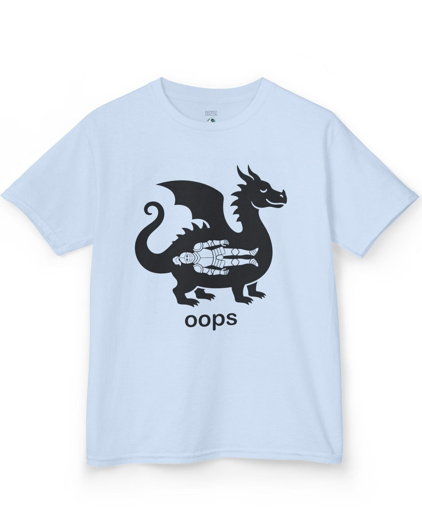 Oops shirt in light blue with a smug dragon silhouette and an unlucky armored knight swallowed whole