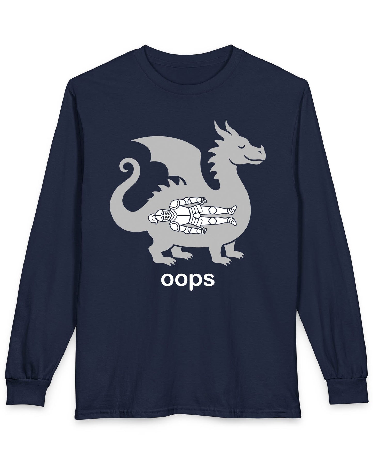 Oops shirt in navy with a smug dragon silhouette and an unlucky armored knight swallowed whole