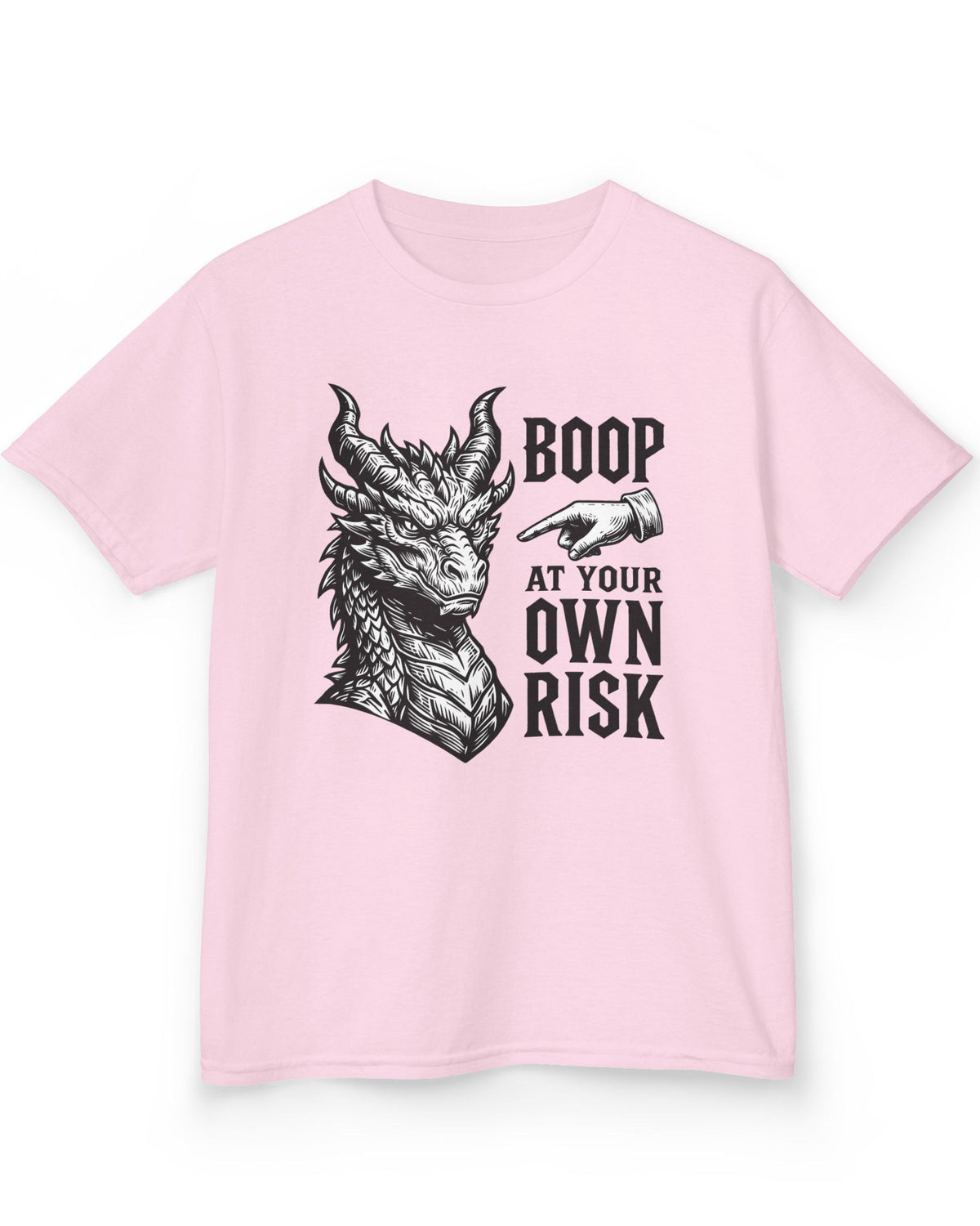 Boop at Your Own Risk shirt in light pink featuring a detailed dragon portrait with a warning for brave boopers only