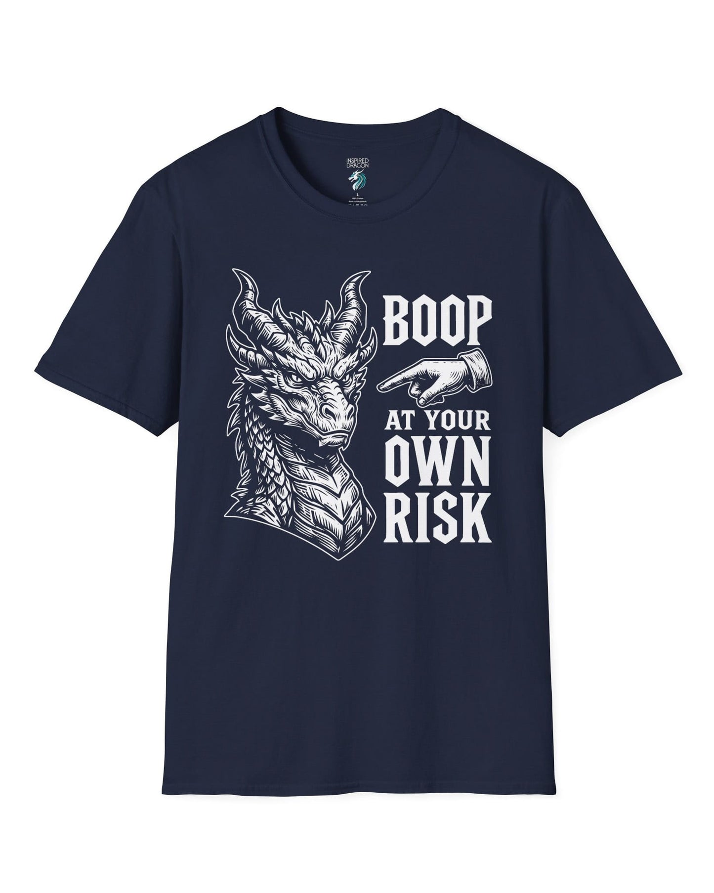 Boop at Your Own Risk shirt in navy featuring a detailed dragon portrait with a warning for brave boopers only