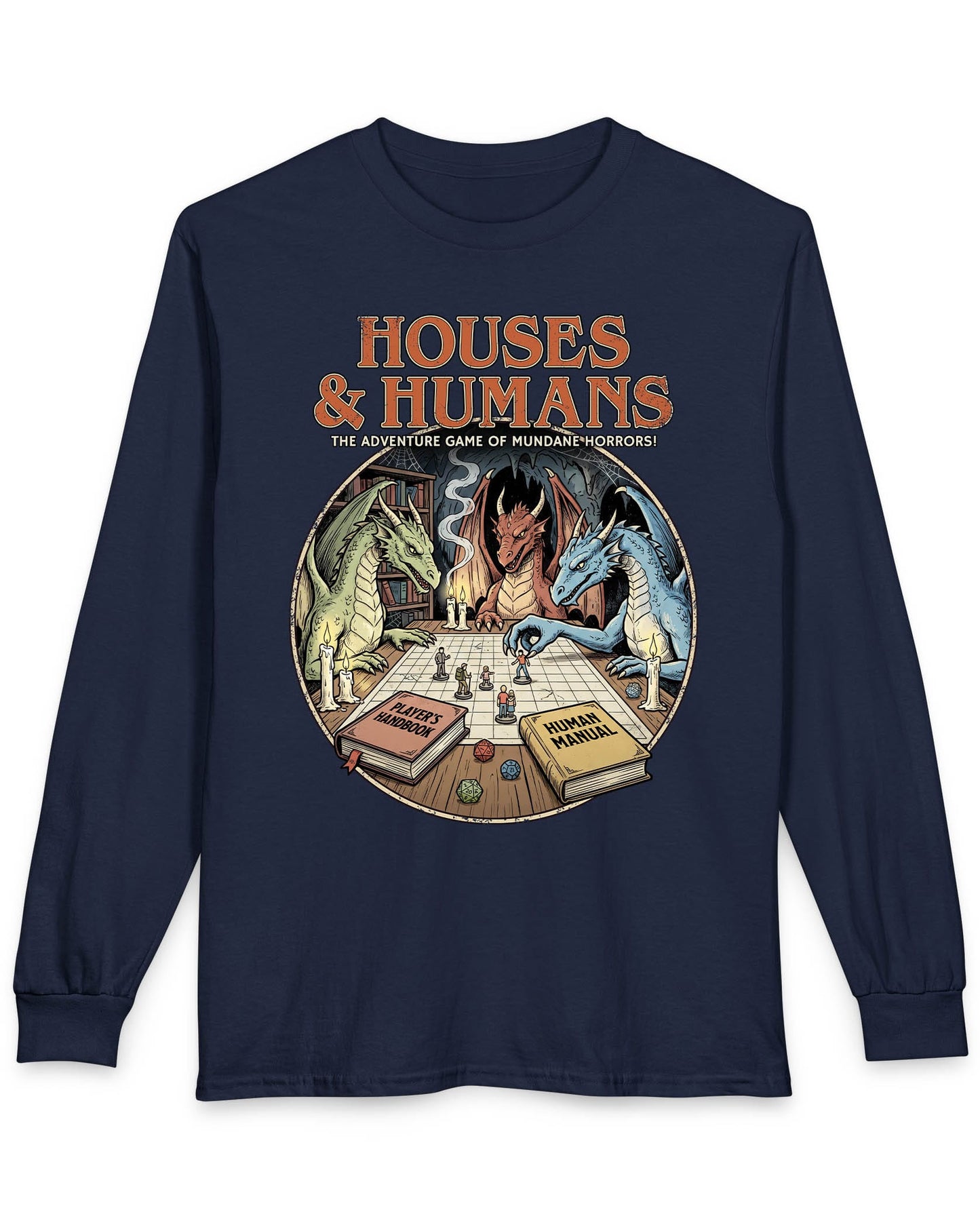 Houses & Humans shirt in navy featuring dragons playing a fantasy tabletop game about being everyday humans