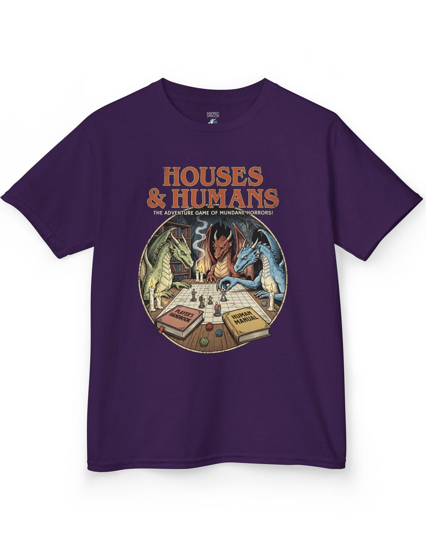 Houses & Humans shirt in purple featuring dragons playing a fantasy tabletop game about being everyday humans