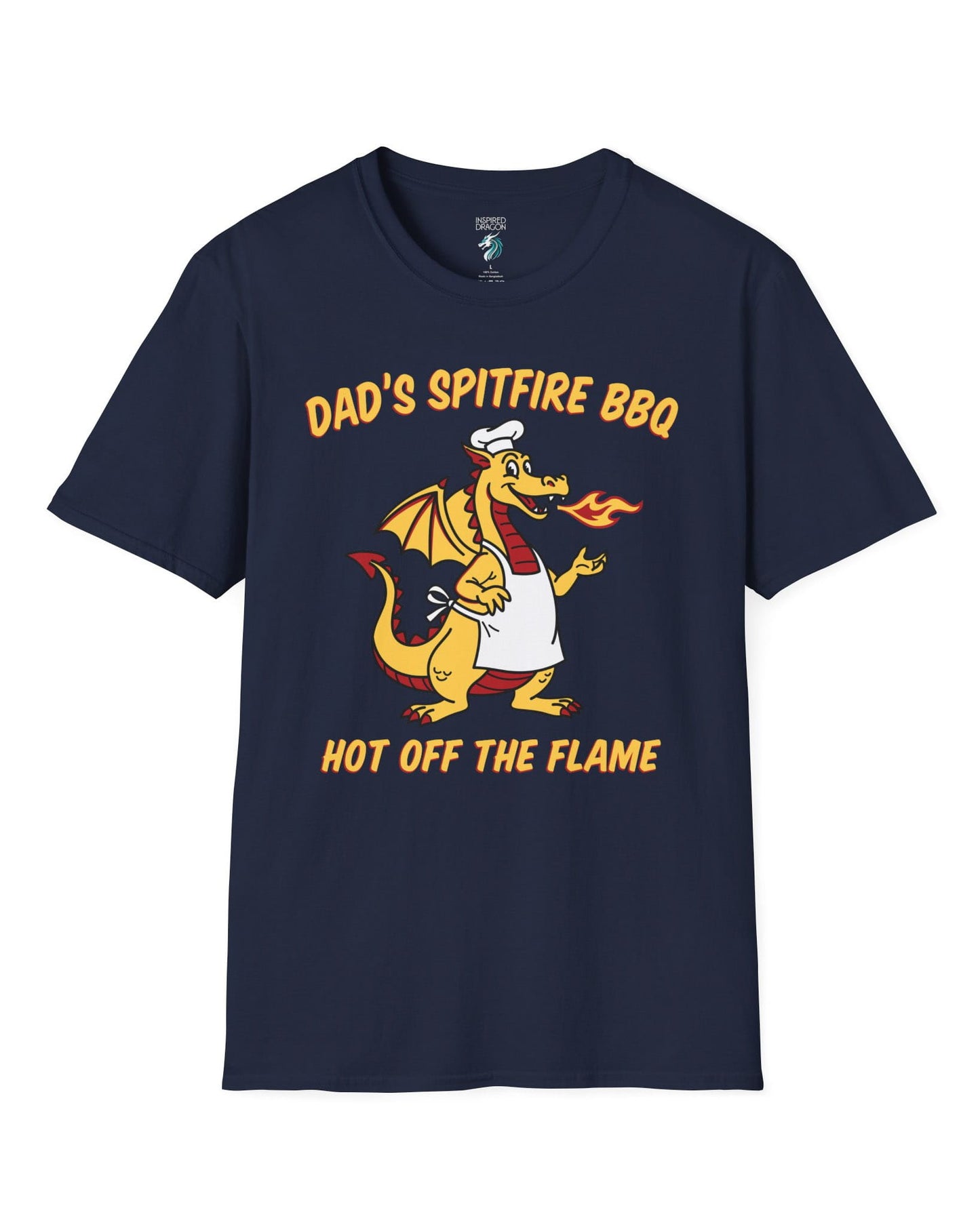 Dad's Spitfire BBQ shirt in navy featuring a retro dragon chef breathing fire beside bold red and yellow text