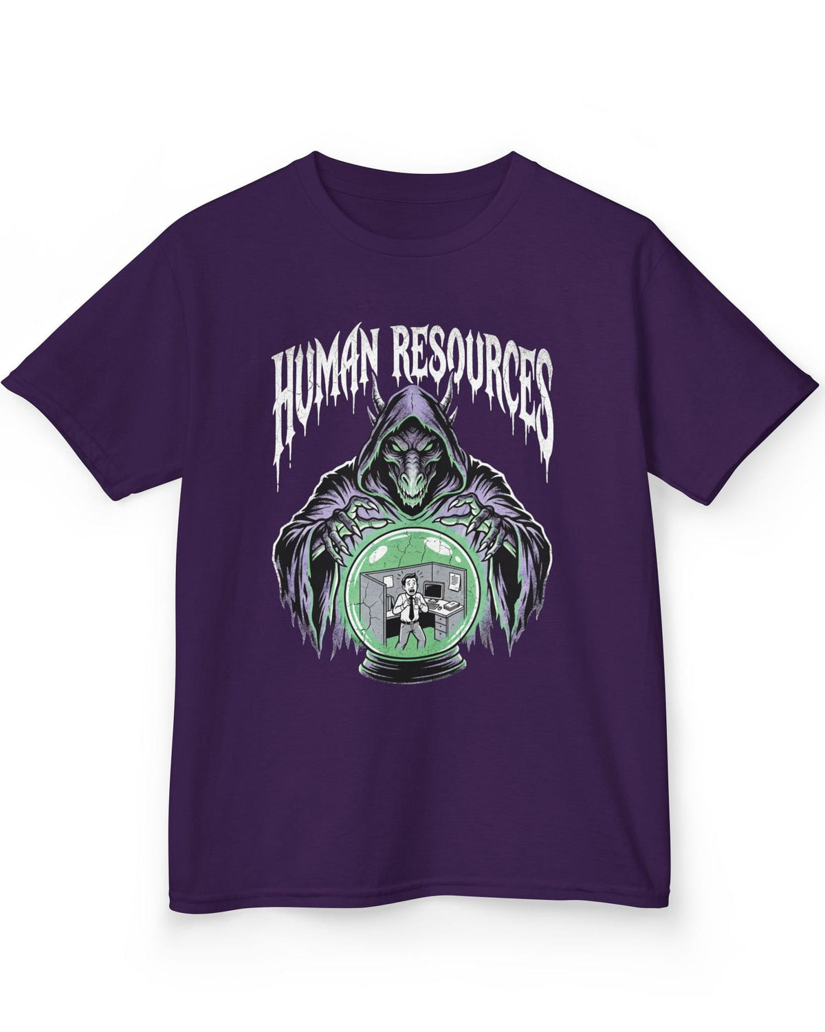 Human Resources Dragon shirt in purple featuring a sinister dragon overseeing a scared office worker in a crystal ball