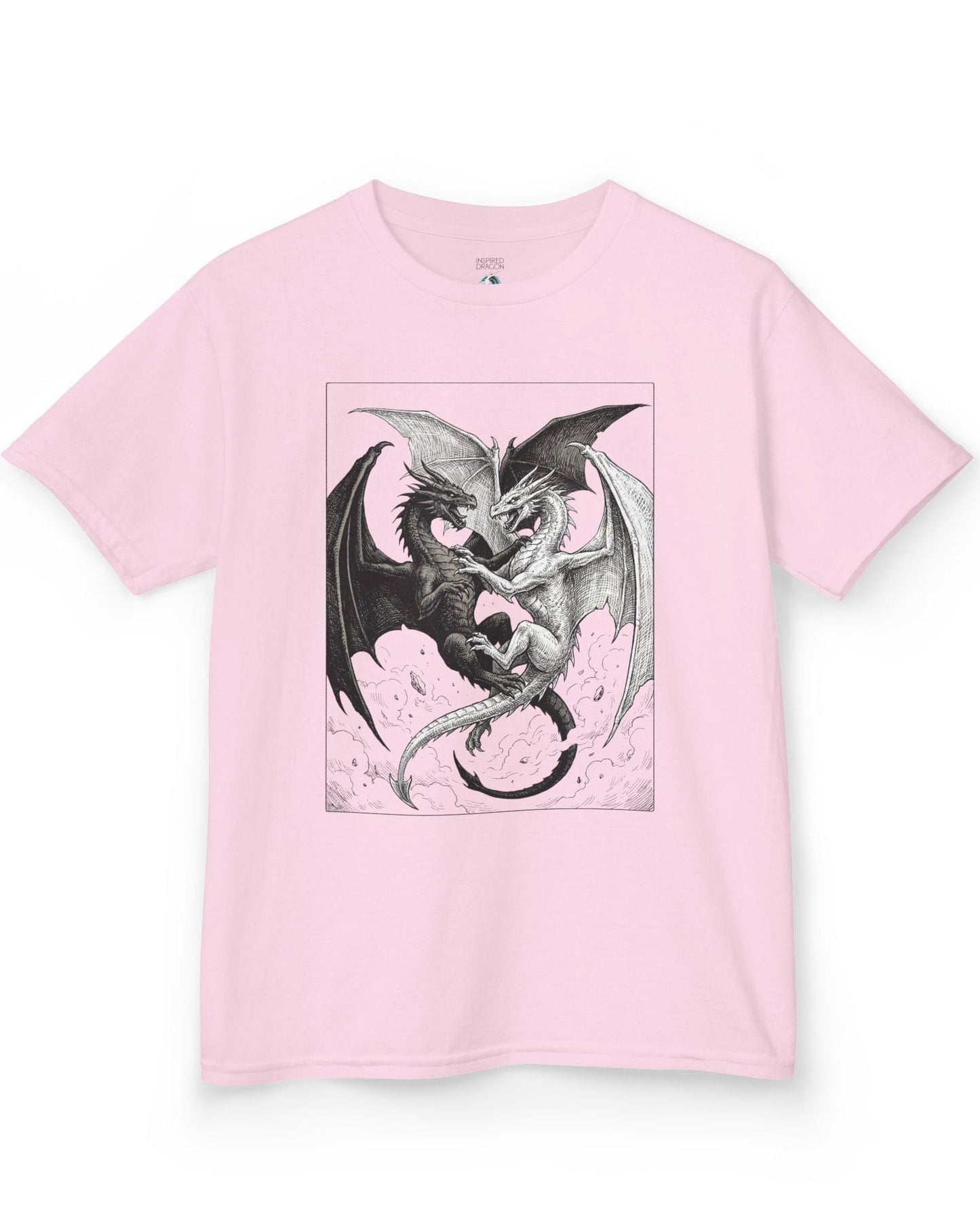 Light and Shadow shirt in light pink featuring two opposing dragons locked in a dramatic black-and-white battle