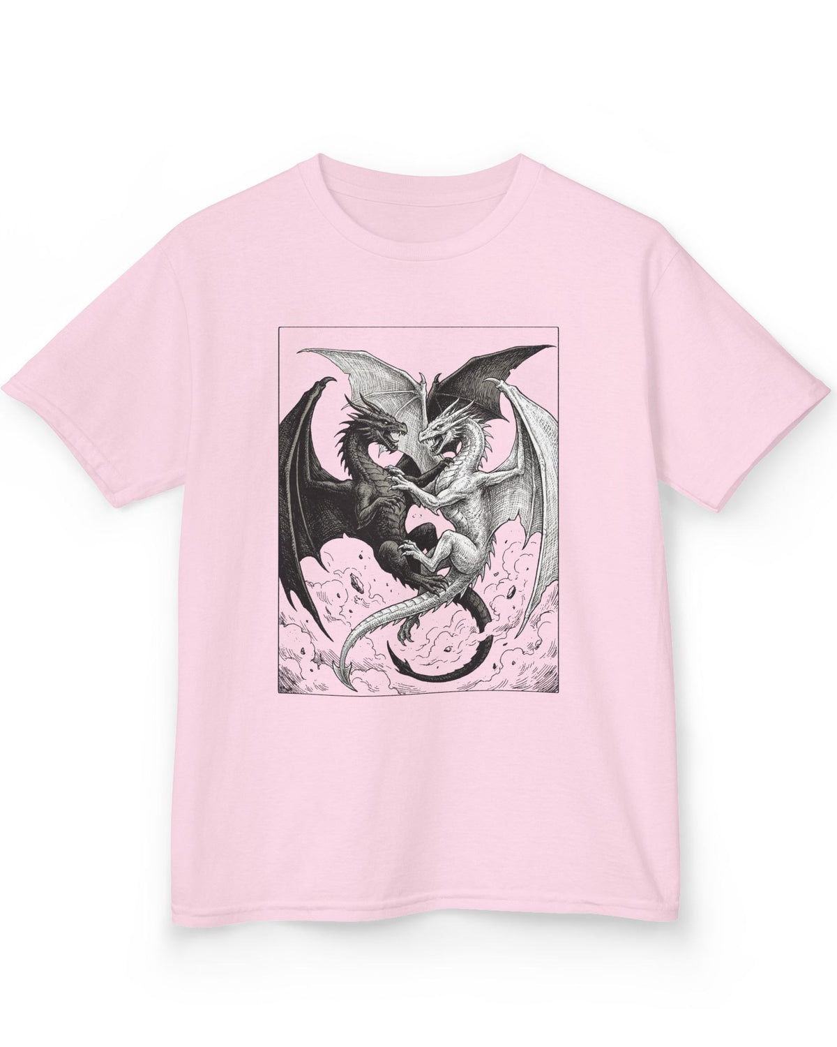 Light and Shadow shirt in light pink featuring two opposing dragons locked in a dramatic black-and-white battle