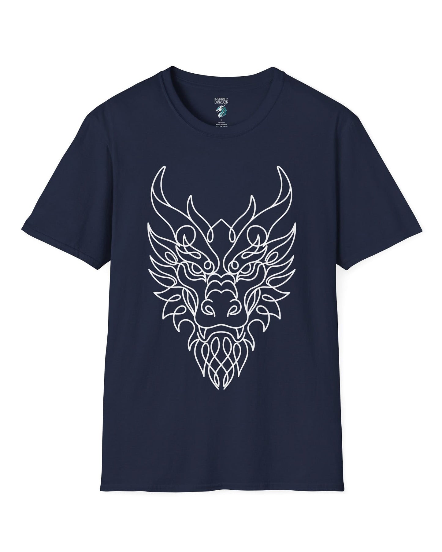 Line Art Dragon shirt in navy featuring an elegant line art dragon face with a clean, minimalist style