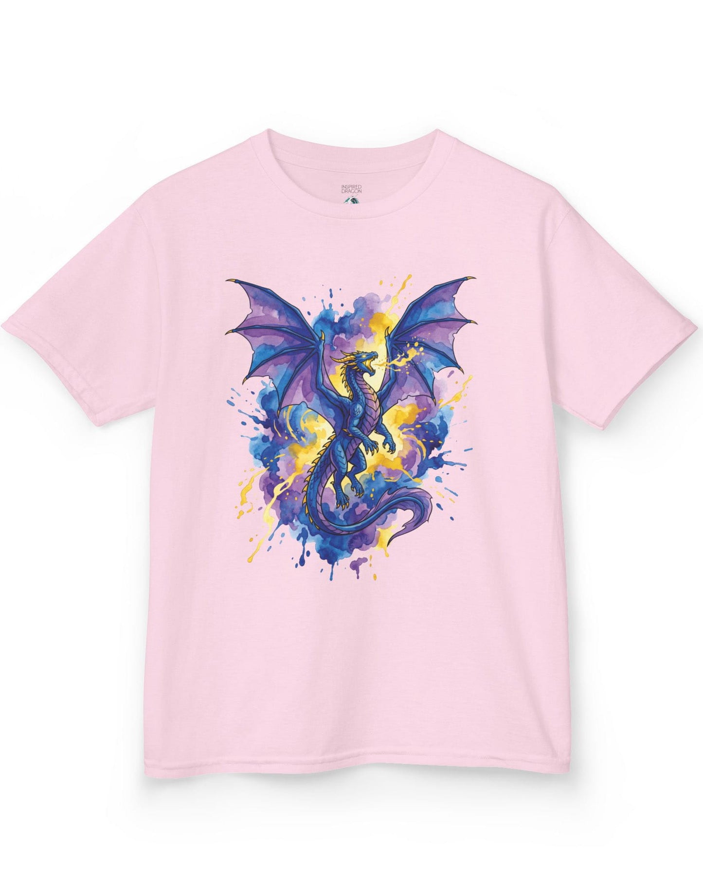 Celestial Tempest shirt in light pink featuring a majestic blue-purple dragon soaring through vibrant watercolor splashes