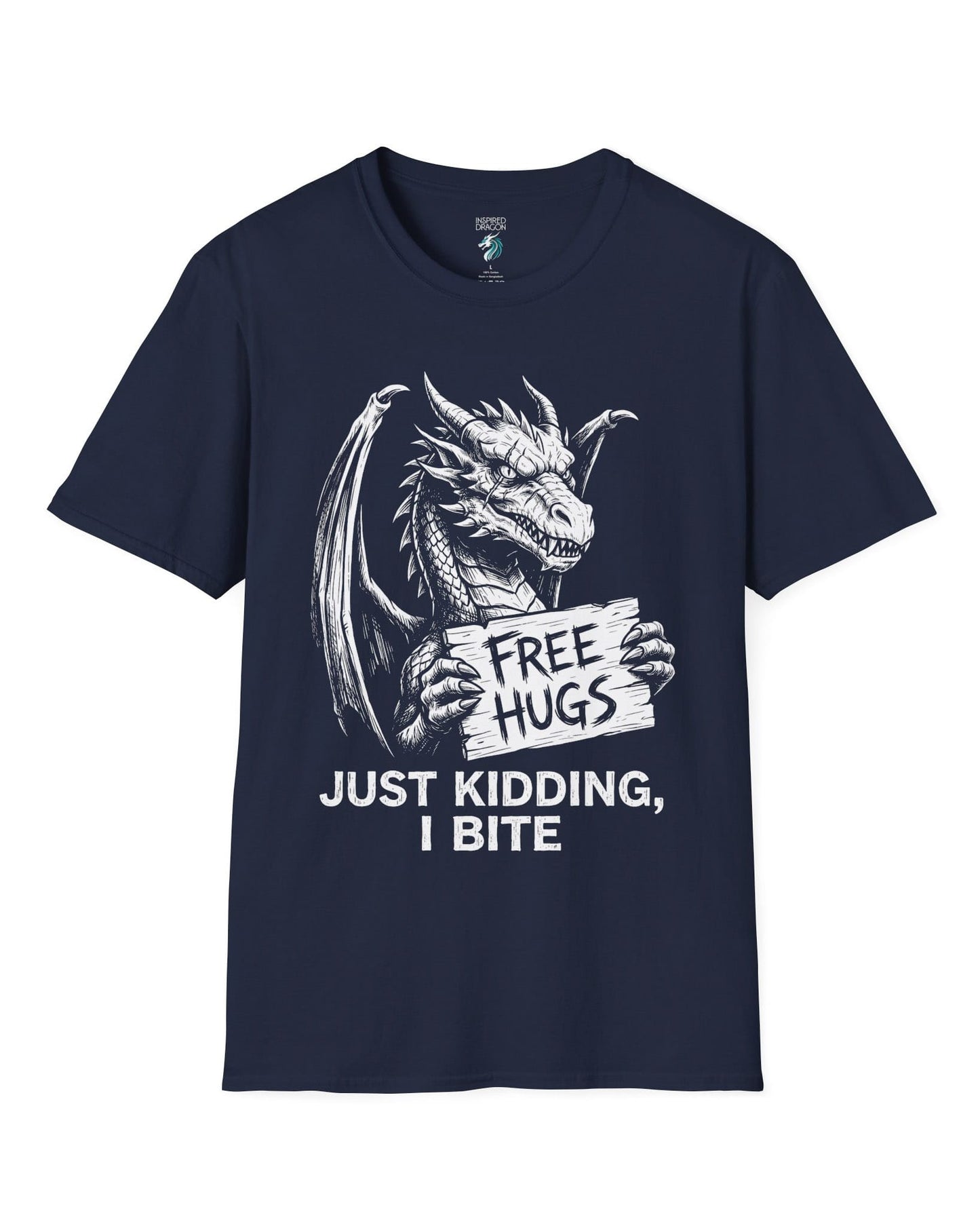 Just Kidding, I Bite shirt in navy featuring a dragon holding a Free Hugs sign with a mischievous warning