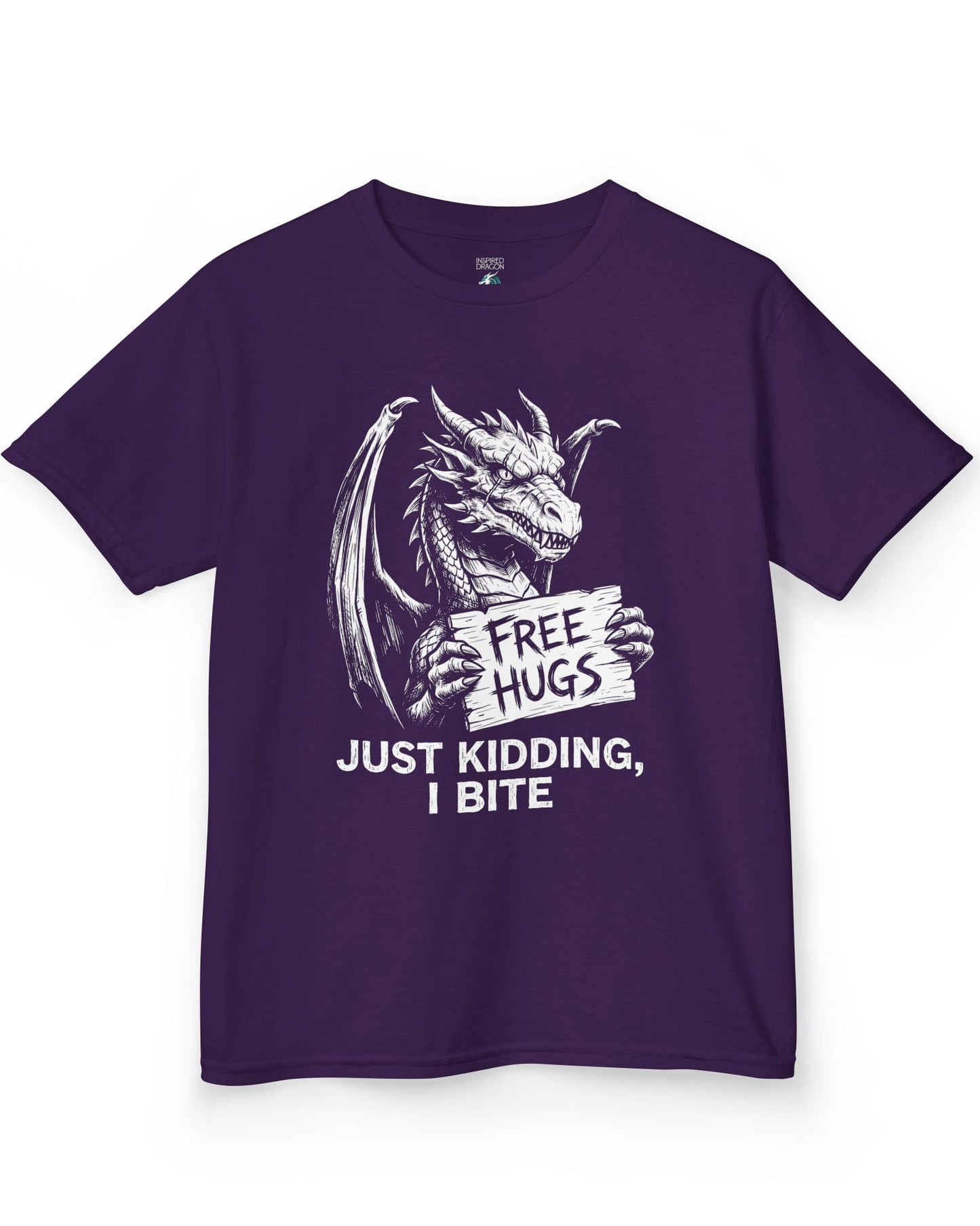 Just Kidding, I Bite shirt in purple featuring a dragon holding a Free Hugs sign with a mischievous warning
