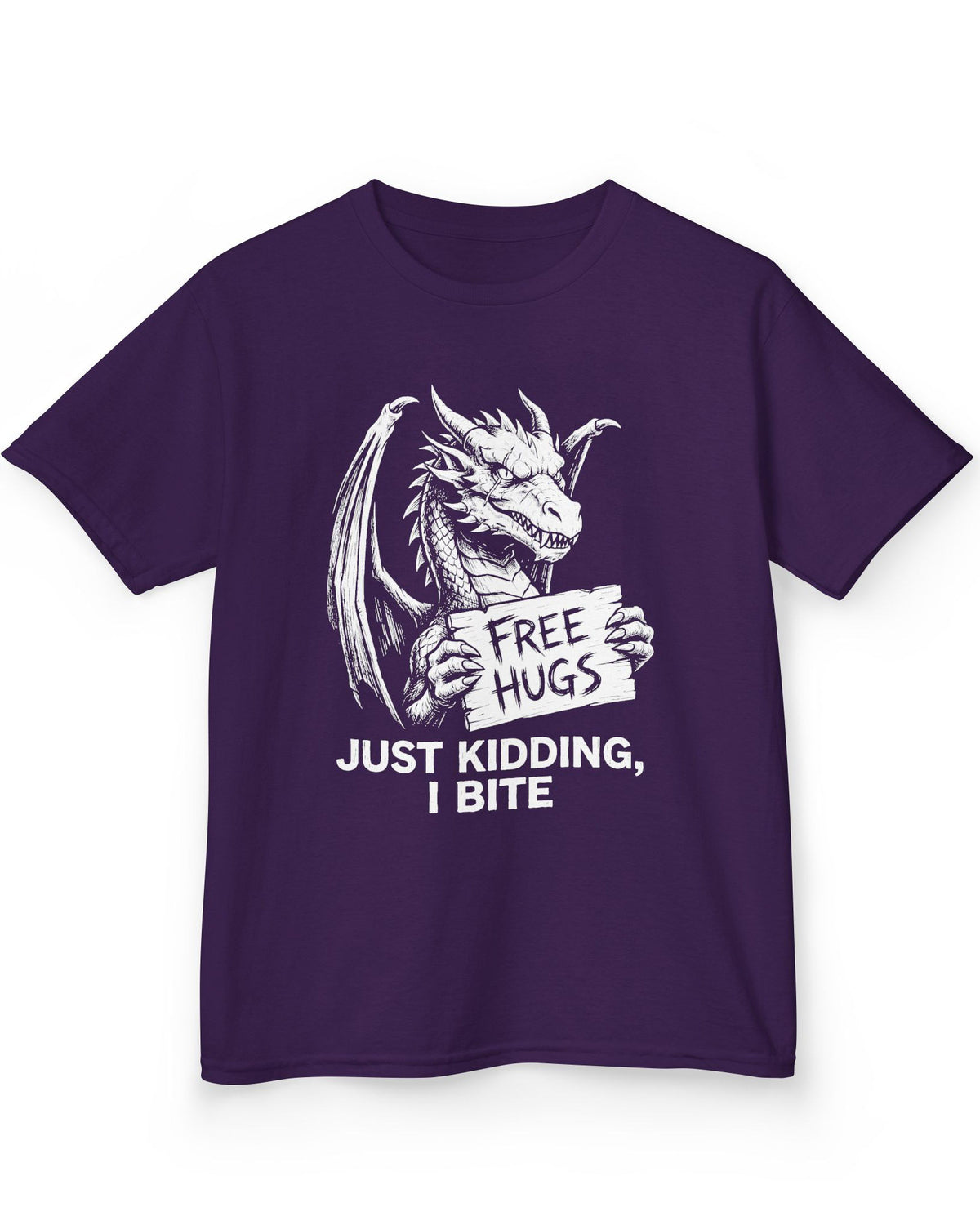 Just Kidding, I Bite shirt in purple featuring a dragon holding a Free Hugs sign with a mischievous warning