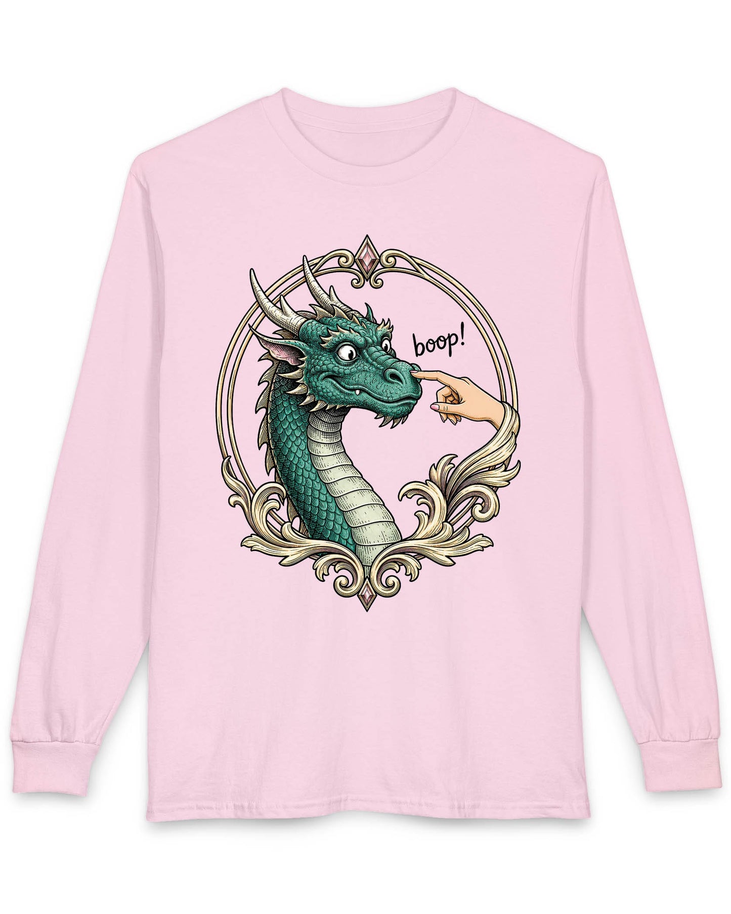 The Golden Boop shirt in light pink featuring a wide-eyed green dragon getting its nose booped by a feminine hand