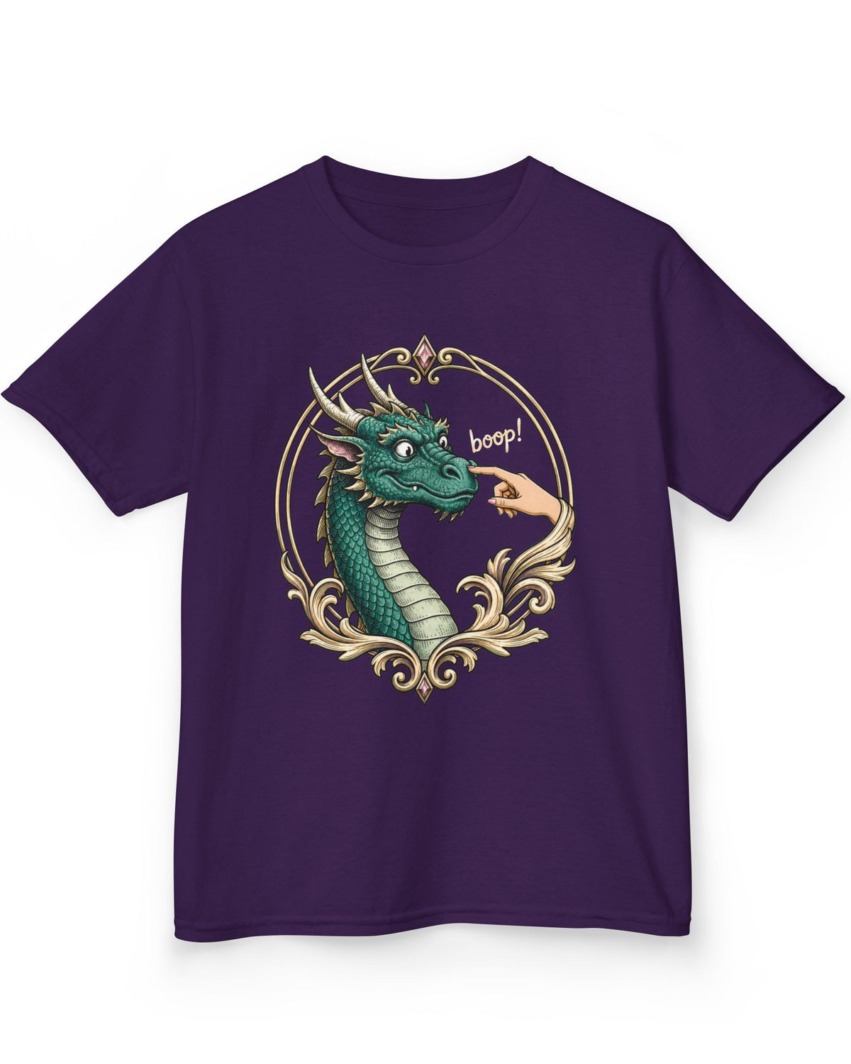 The Golden Boop shirt in purple featuring a wide-eyed green dragon getting its nose booped by a feminine hand